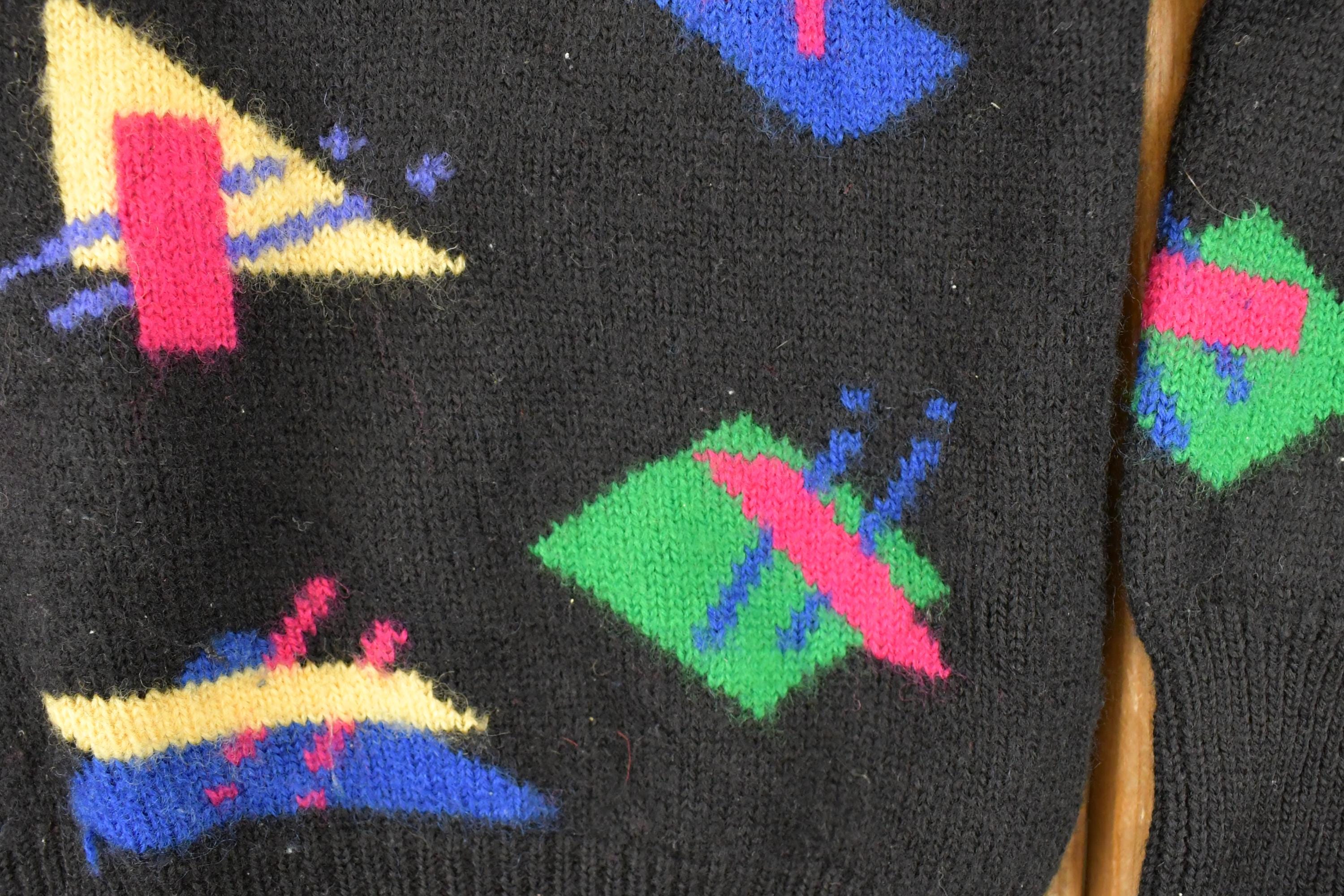 Vintage 1980s Aston Abstract Wool Knit Turtleneck Sweater Mens S - Image 3