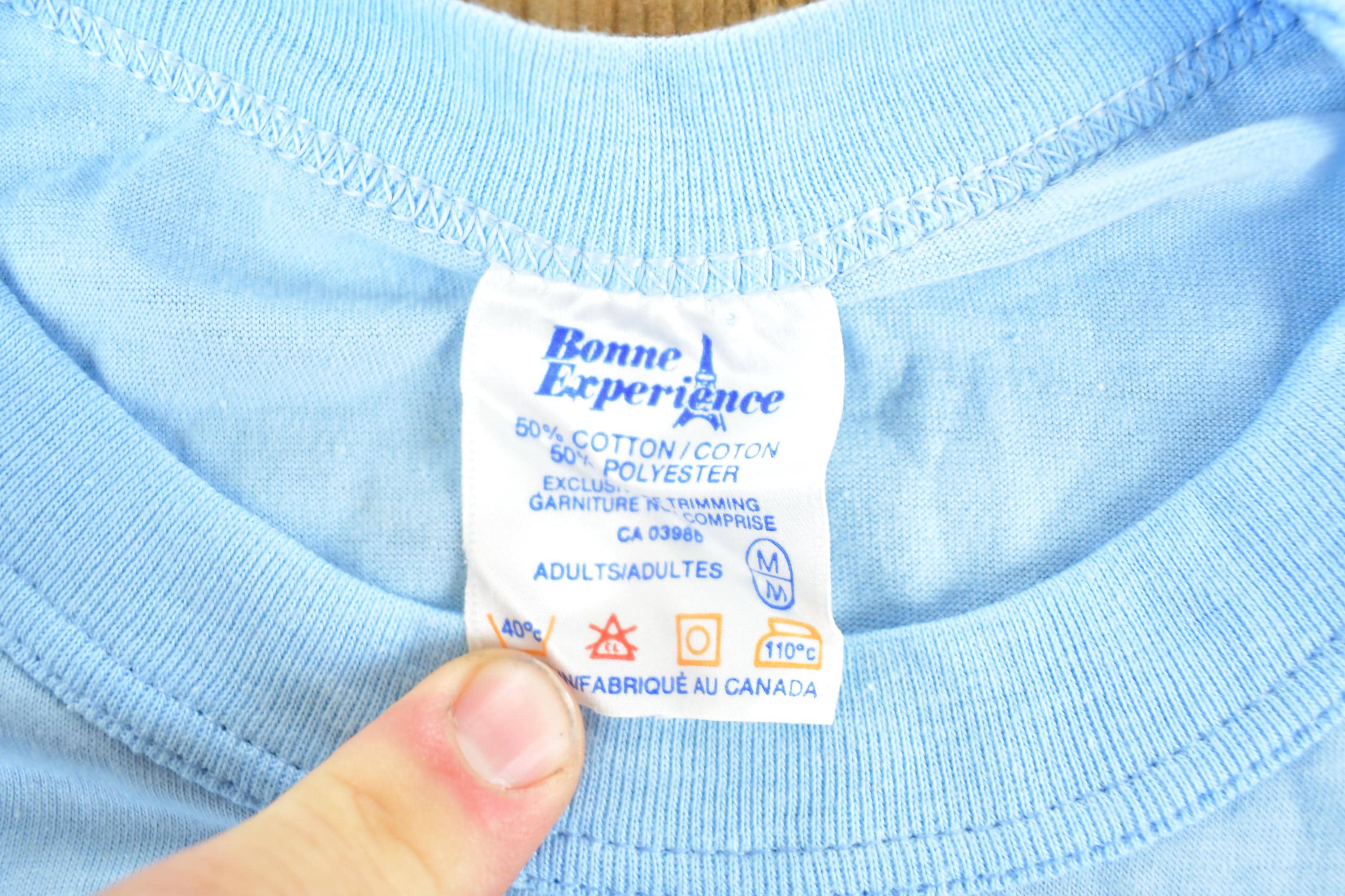 Vintage 1980s Bonne Experience Baby Blue Blank Ringer Sleeve T-Shirt Mens S - Image 4