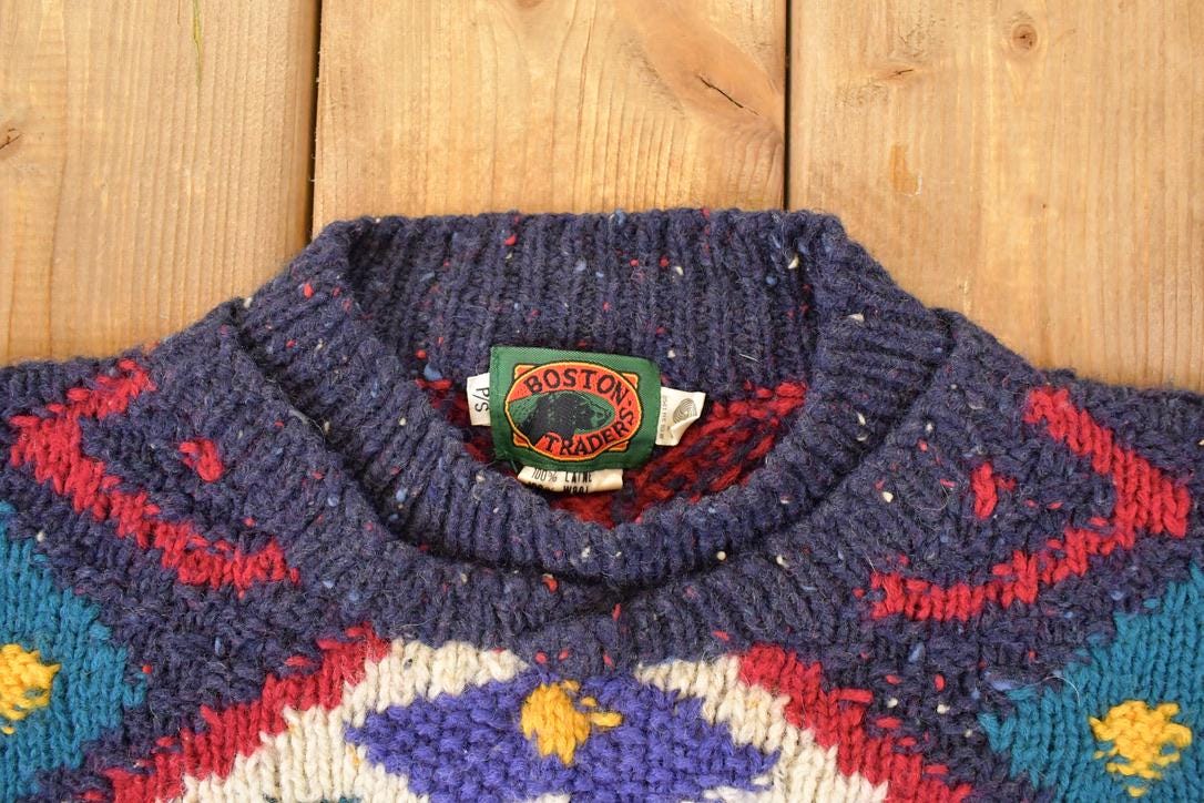 Vintage 1980s Boston Traders Abstract Wool Knit Crewneck Sweater Men's L - Image 4
