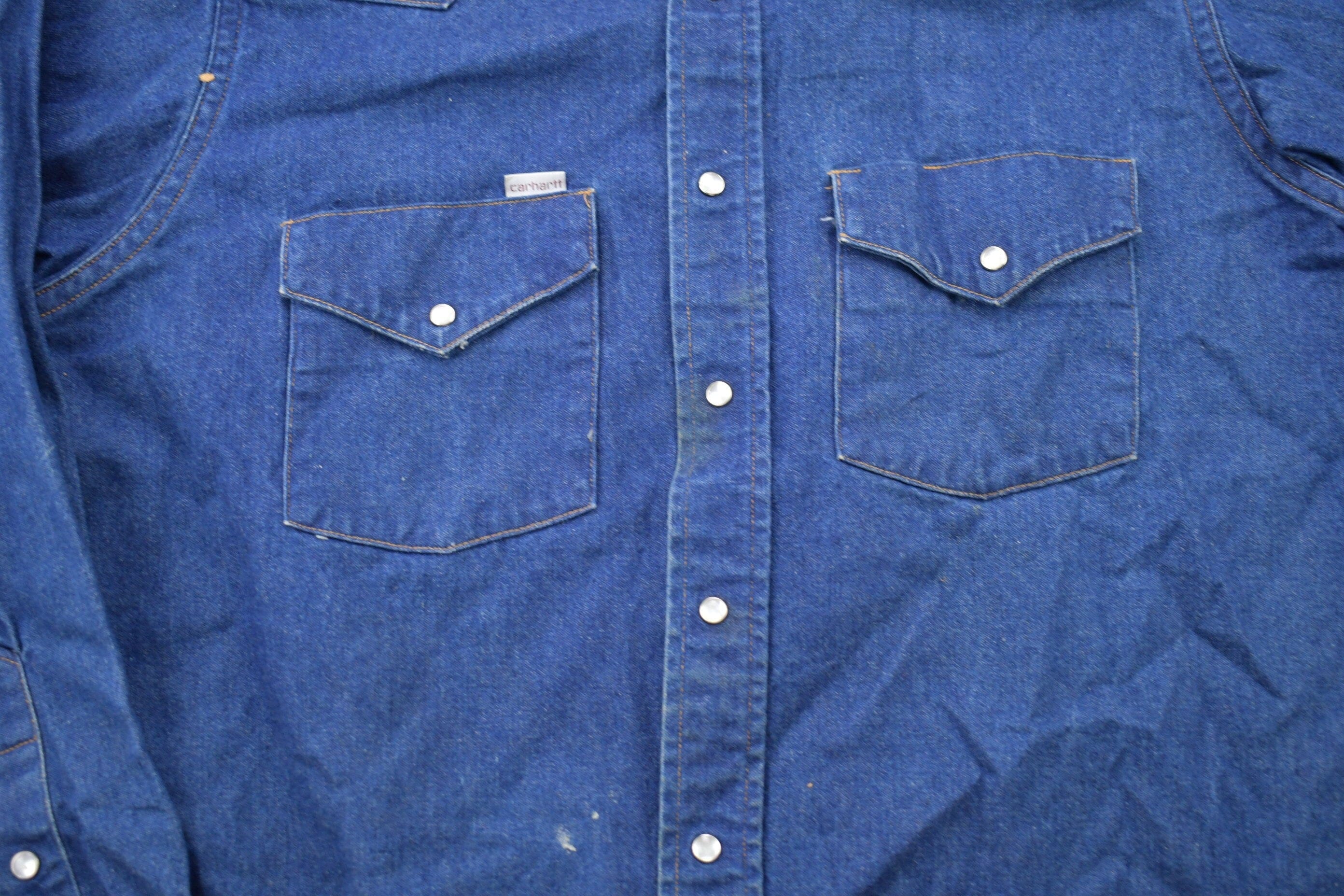 Vintage 1980s Carhartt Denim Button Up Shirt Men's Large - Image 3