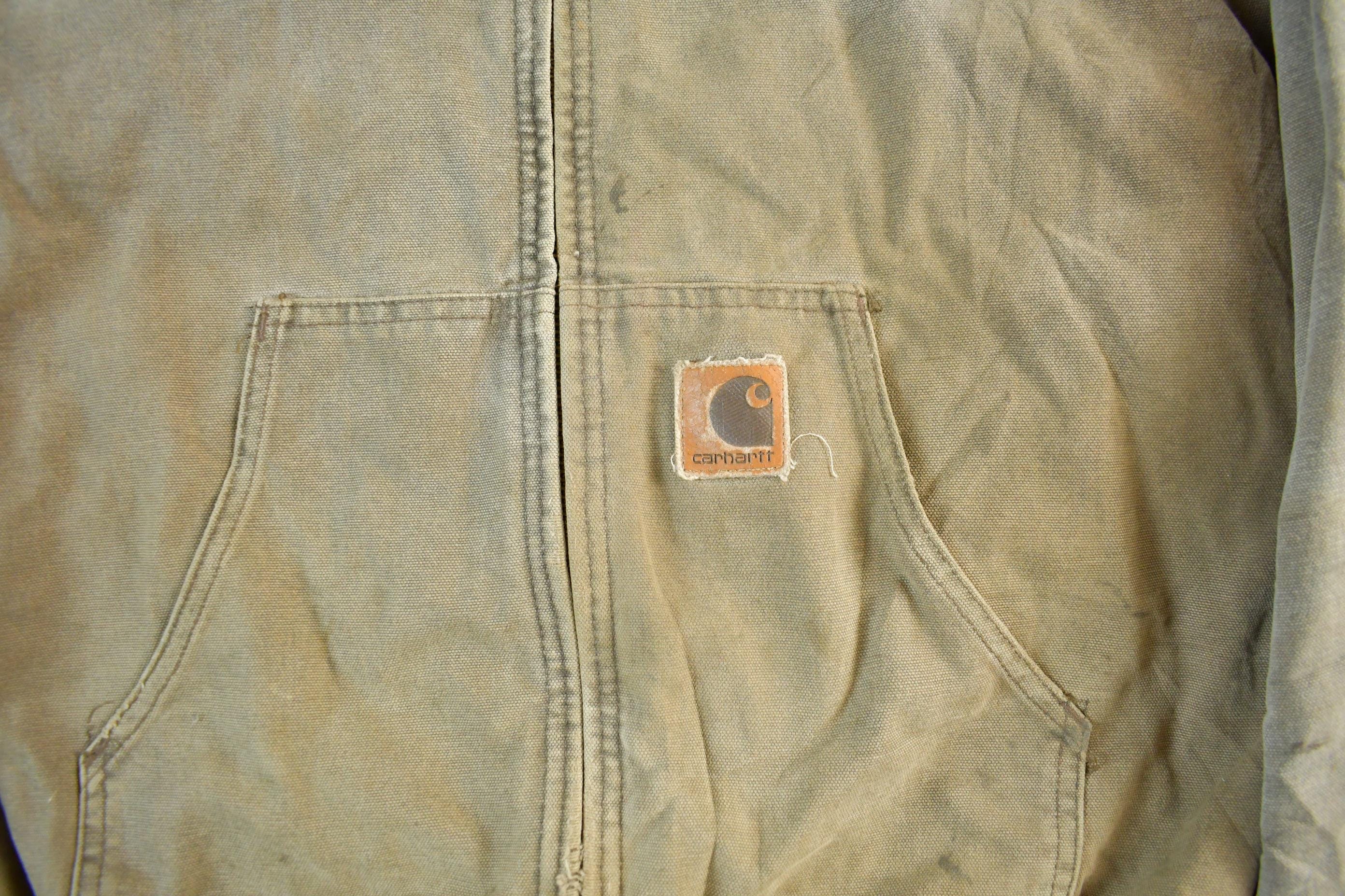 Vintage 1980s Carhartt Sun Faded Distressed Canvas Hooded Work Jacket Men's Large - Image 3