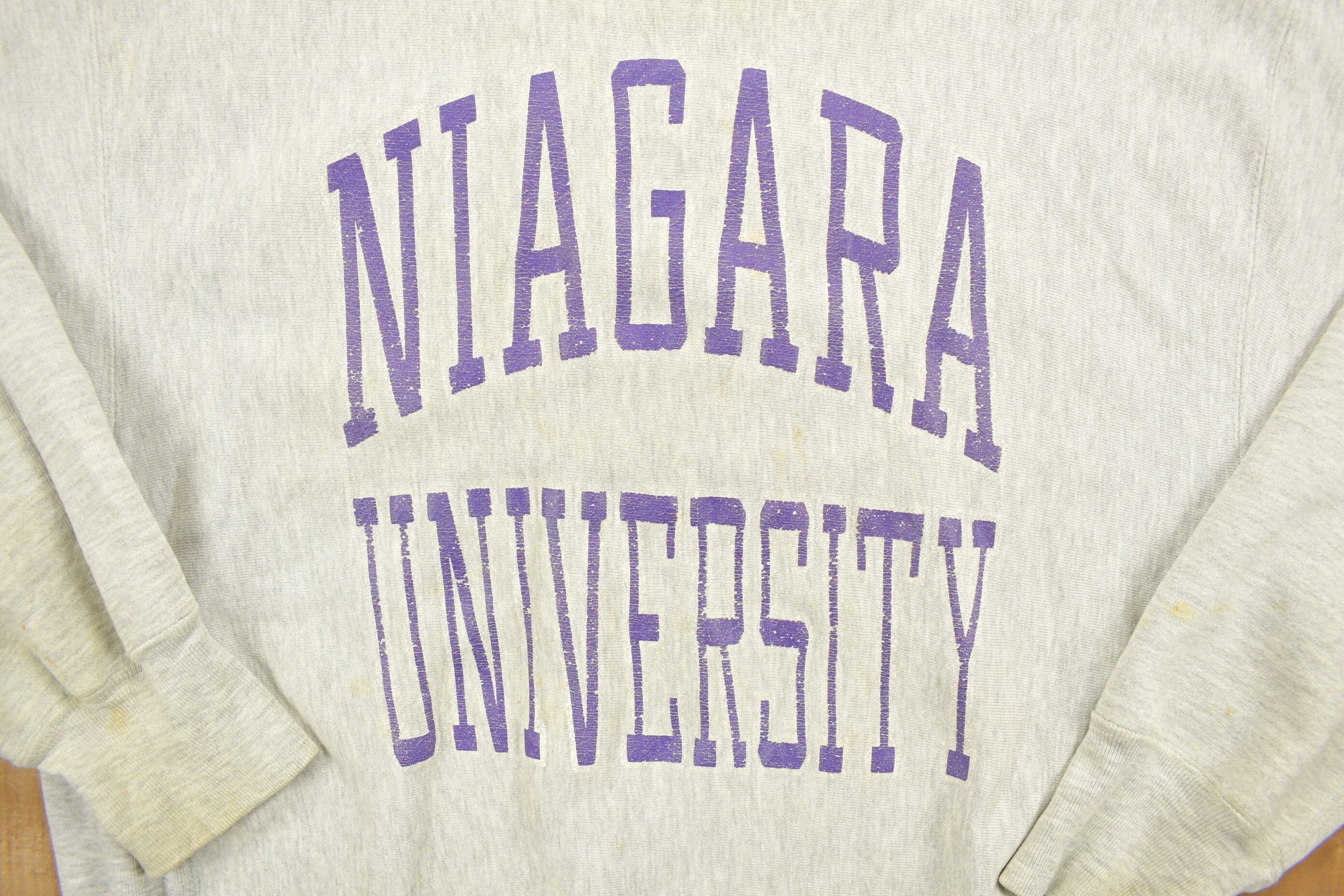 Vintage 1980's Champion Reverse Weave Warm-up Collegiate Crewneck University of Niagara Heavily Distressed Men's 2XL - Image 3