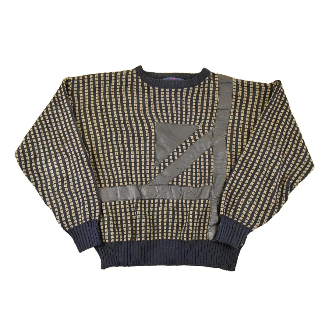 Vintage 1980s Desonos Leatherette Patch Abstract Knit Crewneck Sweater Mens M