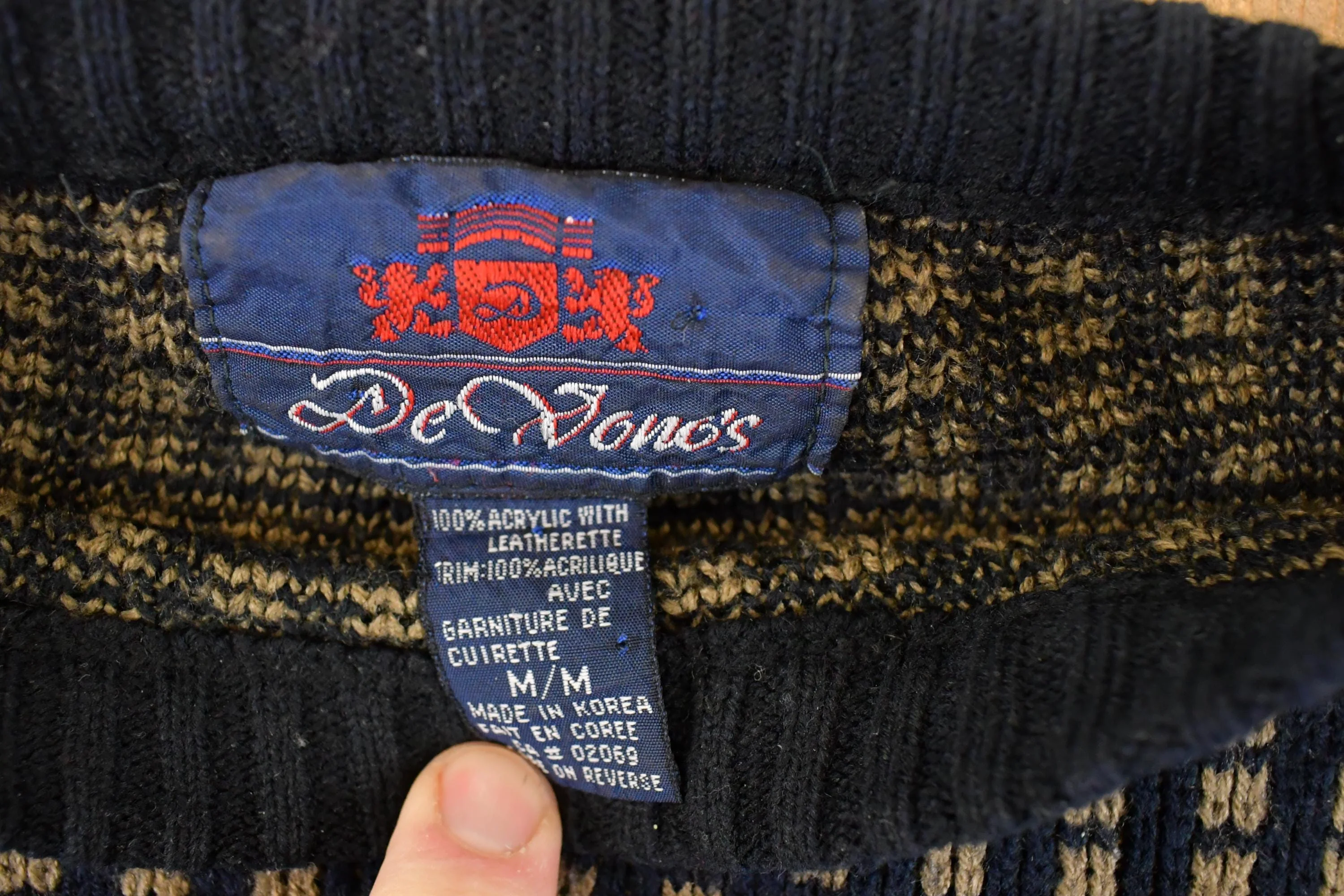 Vintage 1980s Desonos Leatherette Patch Abstract Knit Crewneck Sweater Mens M - Image 4