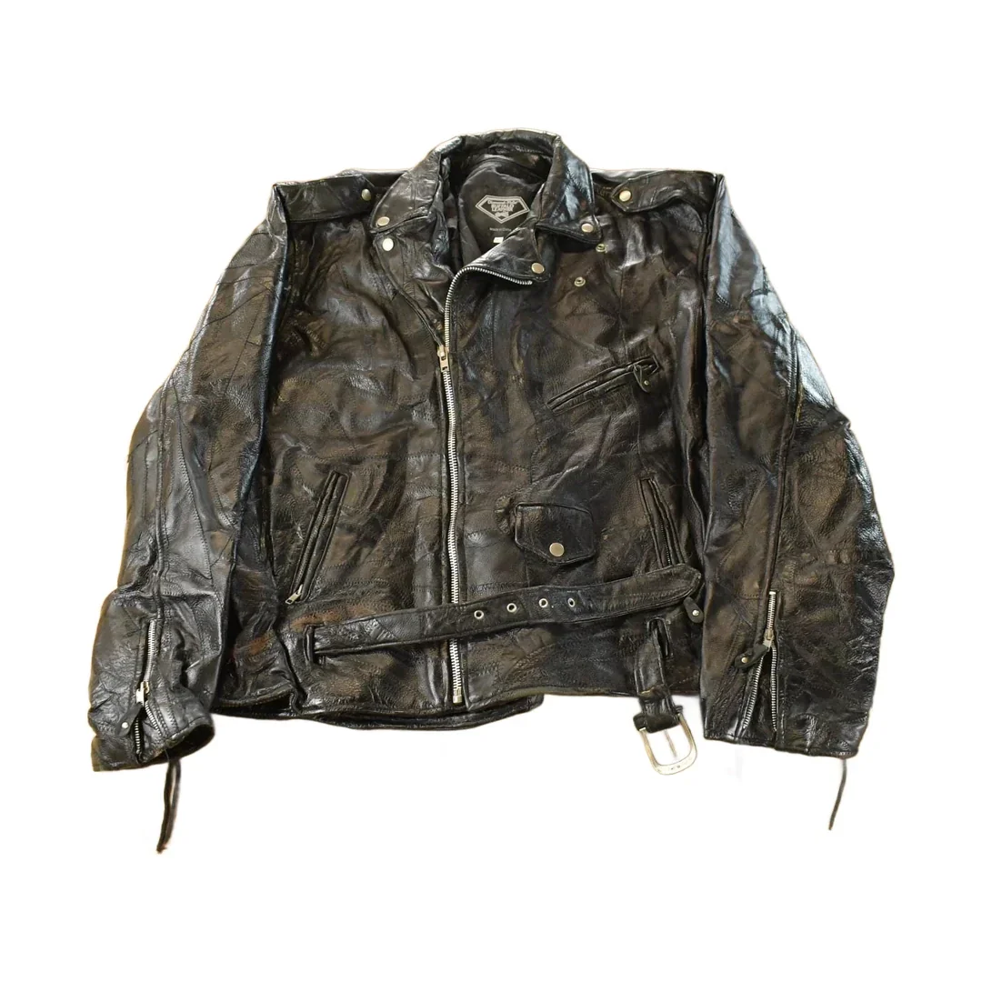Vintage 1980s Diamond Plate Buffalo Leather Biker Motorcycle Jacket Men's 2XL