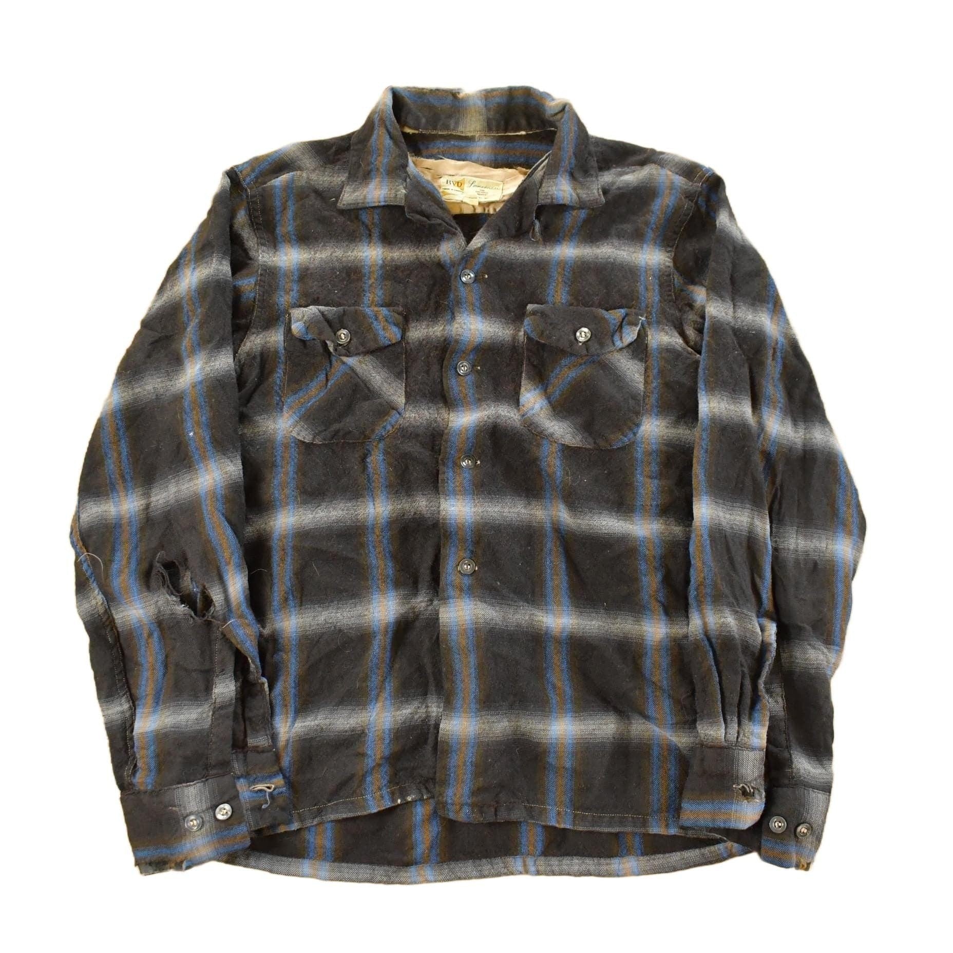 Vintage 1980s Distressed BVD Lanerossi Plaid Wool Flannel Button Up Shirt Men's M