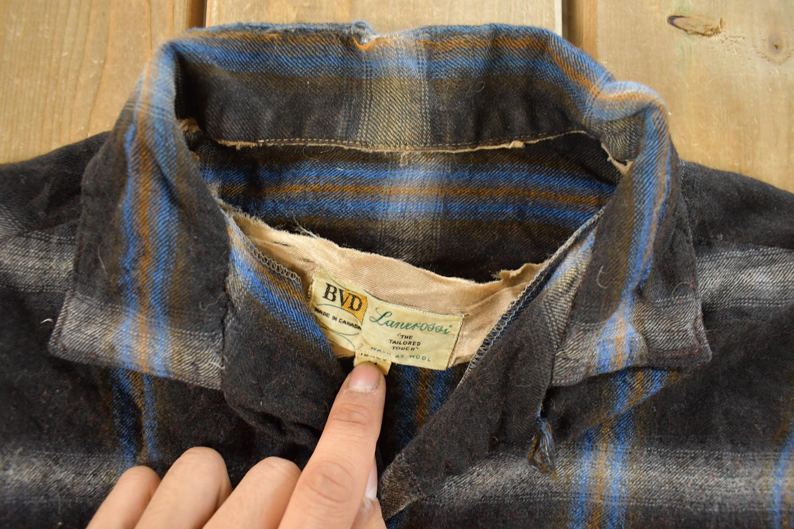 Vintage 1980s Distressed BVD Lanerossi Plaid Wool Flannel Button Up Shirt Men's M - Image 4