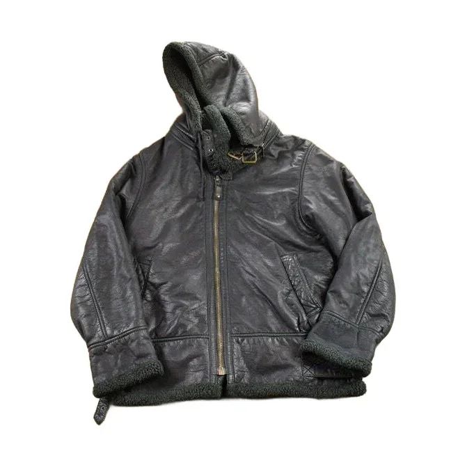 Vintage 1980s Dona Black Leather Hooded Flight Jacket Men's Large