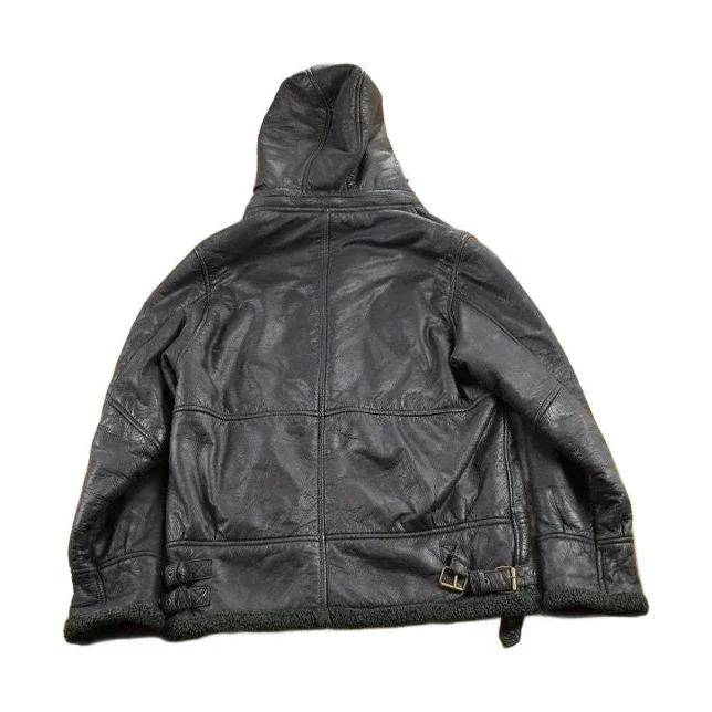 Vintage 1980s Dona Black Leather Hooded Flight Jacket Men's Large - Image 2