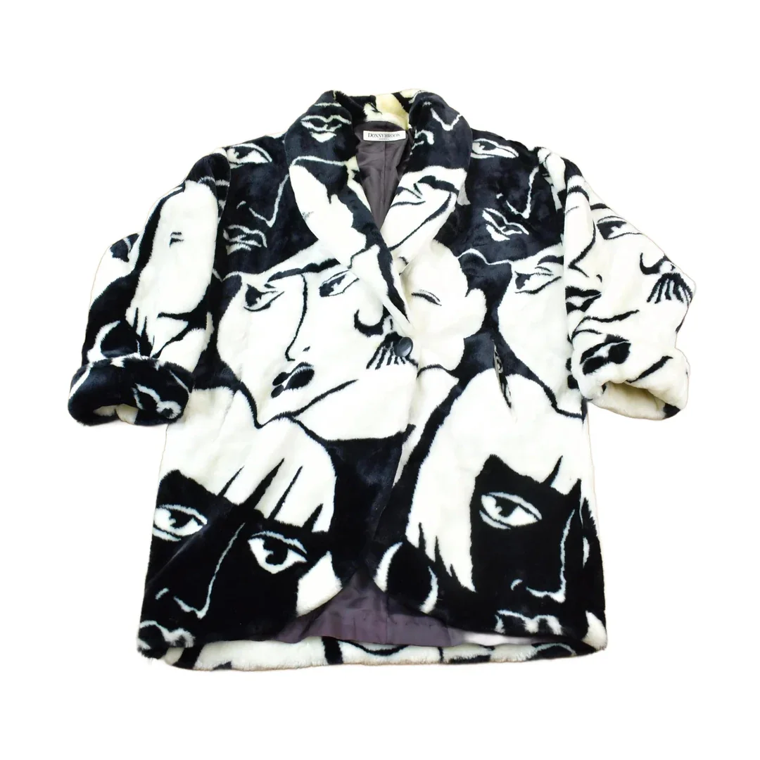 Vintage 1980s Donny Brook Abstract Art Face Graphic Over Coat Men's Large