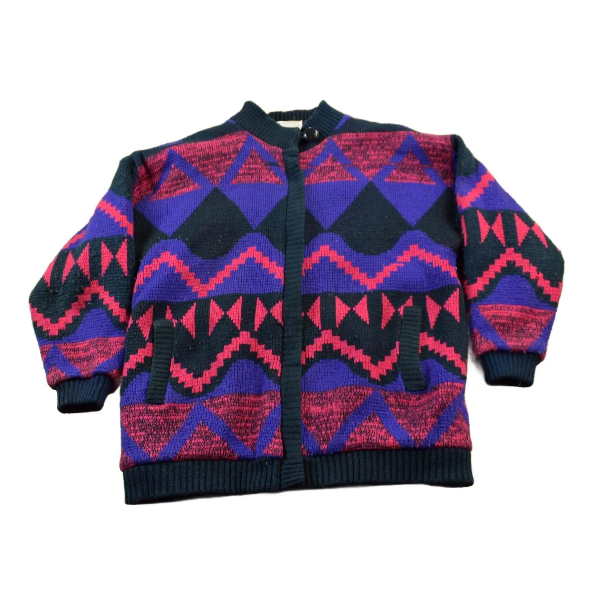 Vintage 1980s Express Knitted Abstract Cardigan Sweater Jacket Men's Medium