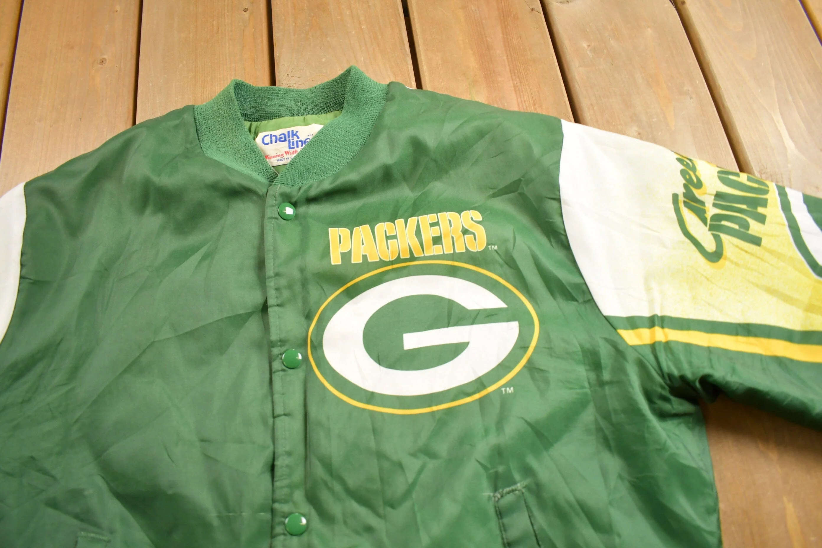 Vintage 1980s Green Bay Packers NFL Chalkline All Over Print Jacket Men's XL - Image 4