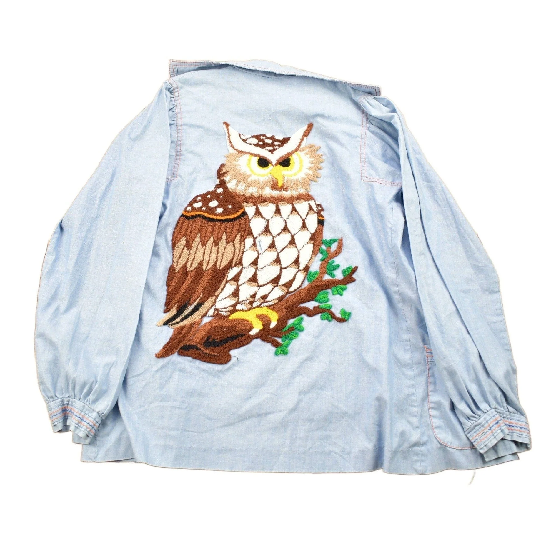 Vintage 1980s Hand Stitched Owl Theme Button Up Shirt Men's M
