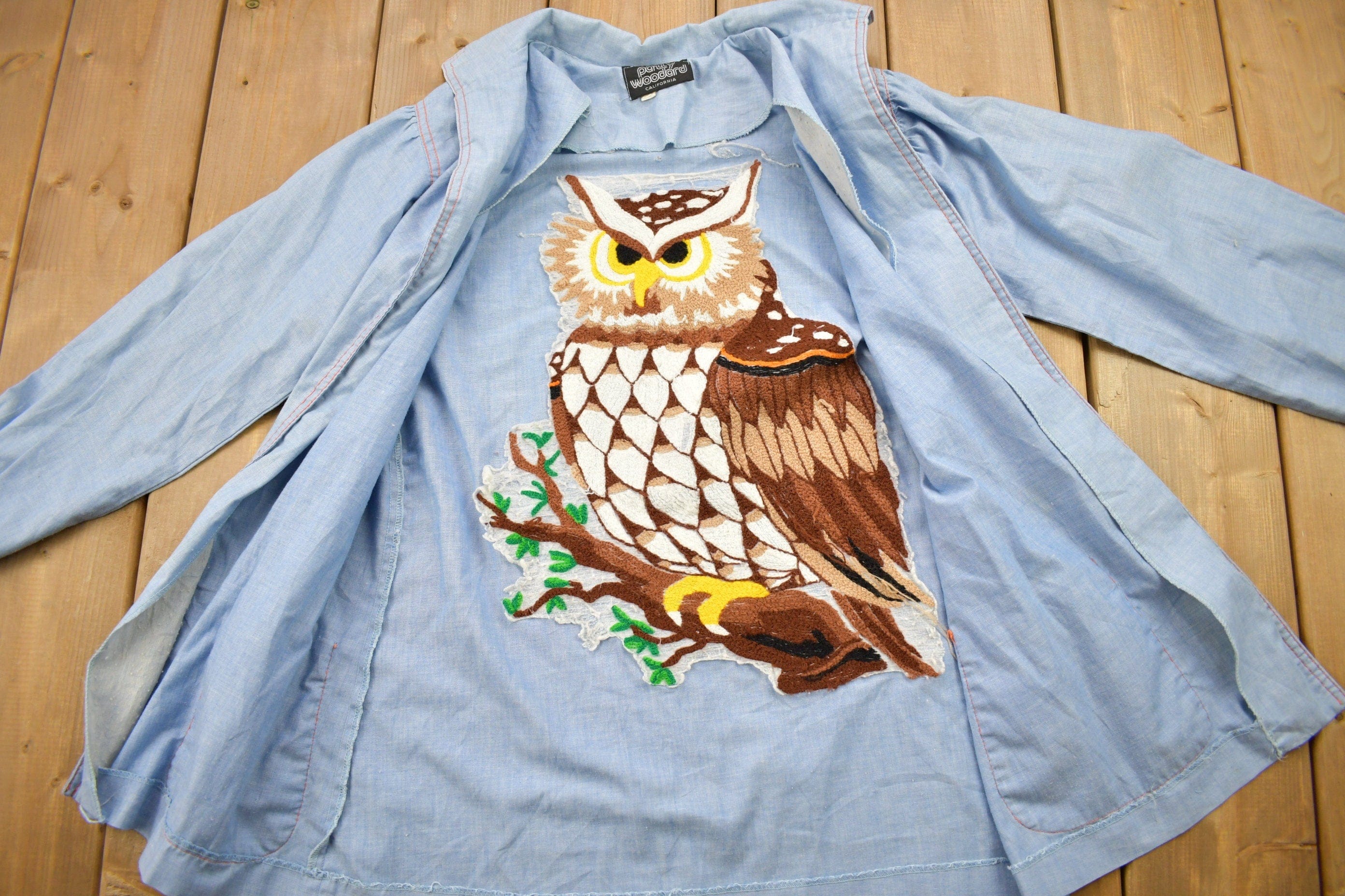 Vintage 1980s Hand Stitched Owl Theme Button Up Shirt Men's M - Image 3