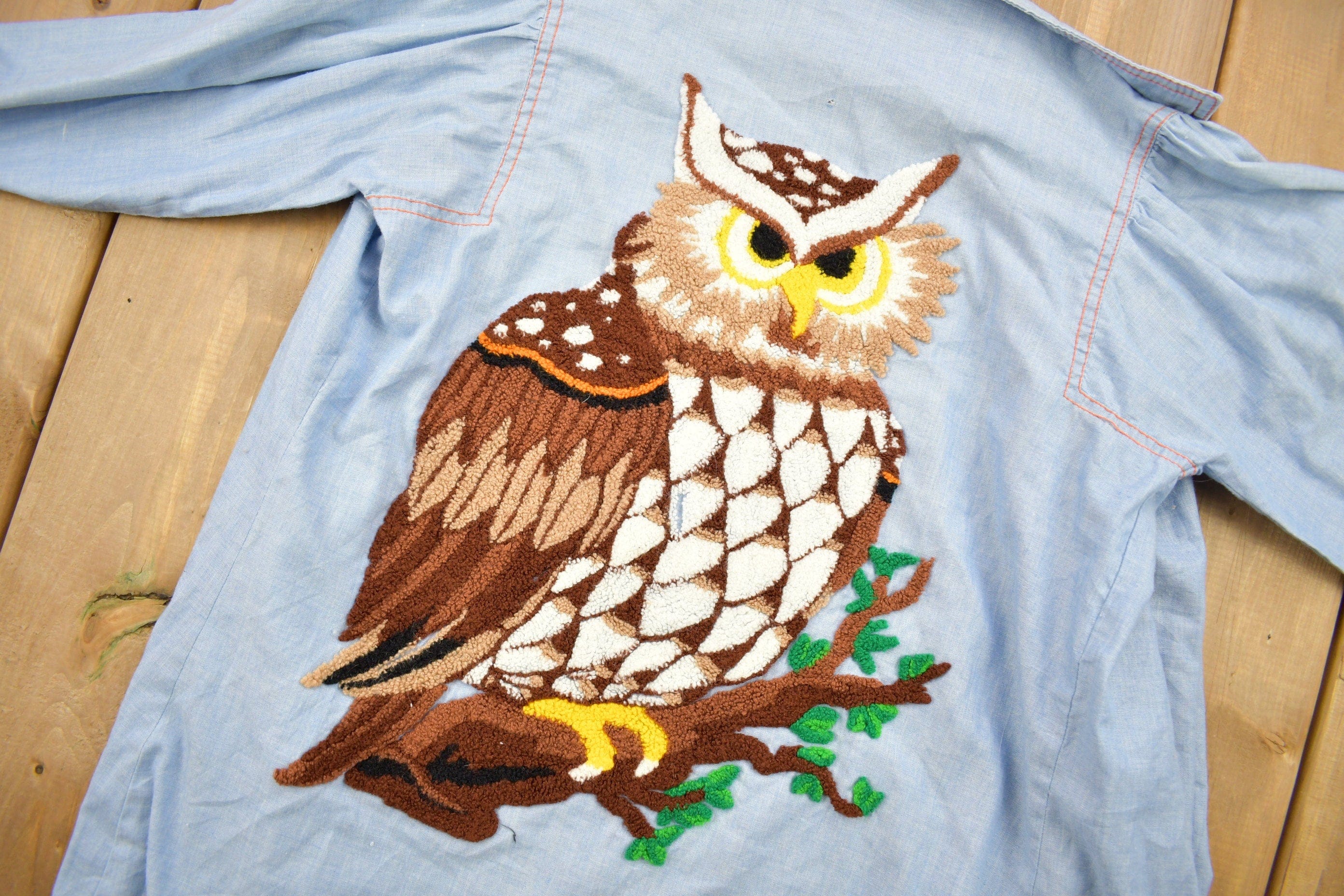 Vintage 1980s Hand Stitched Owl Theme Button Up Shirt Men's M - Image 4