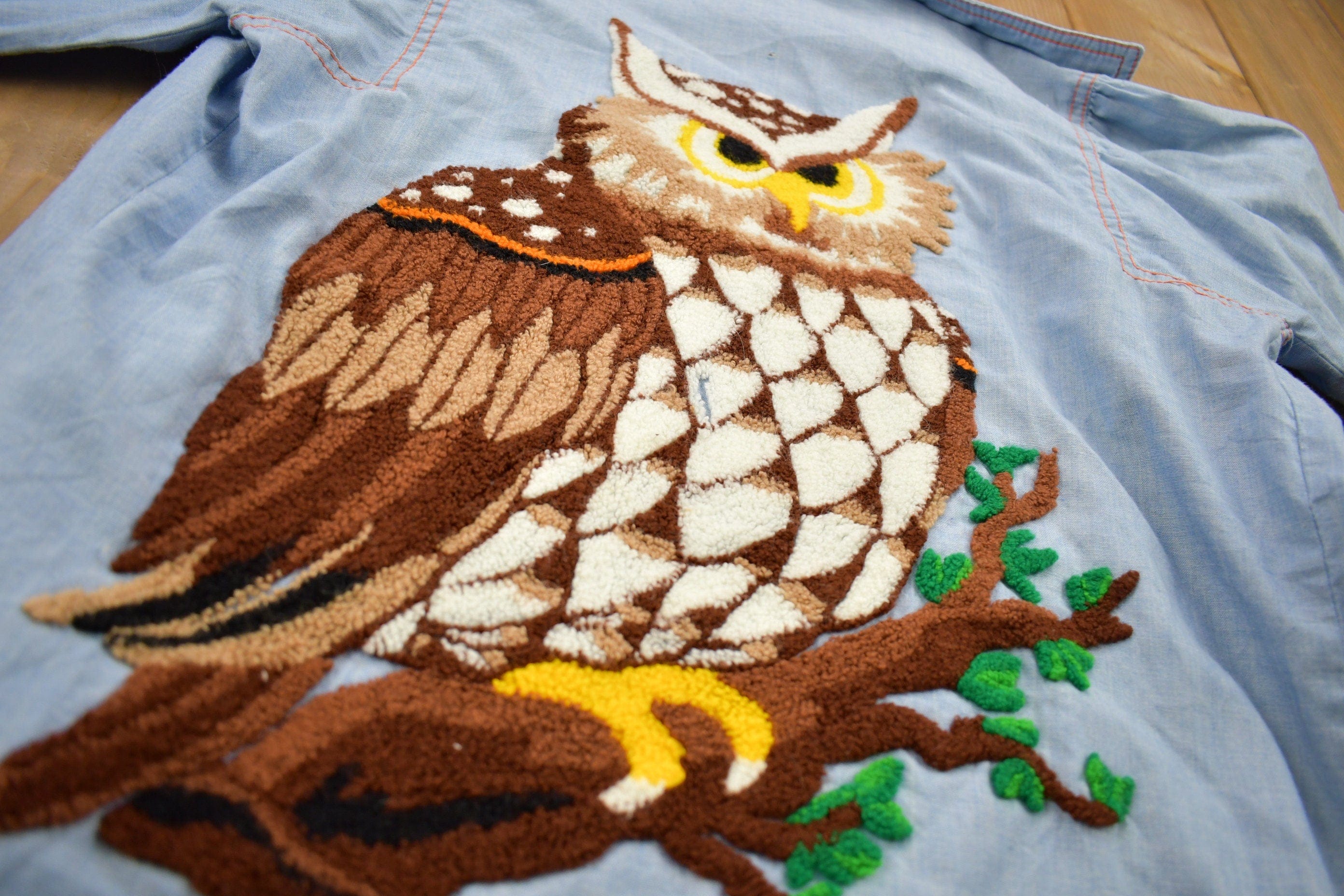 Vintage 1980s Hand Stitched Owl Theme Button Up Shirt Men's M - Image 5
