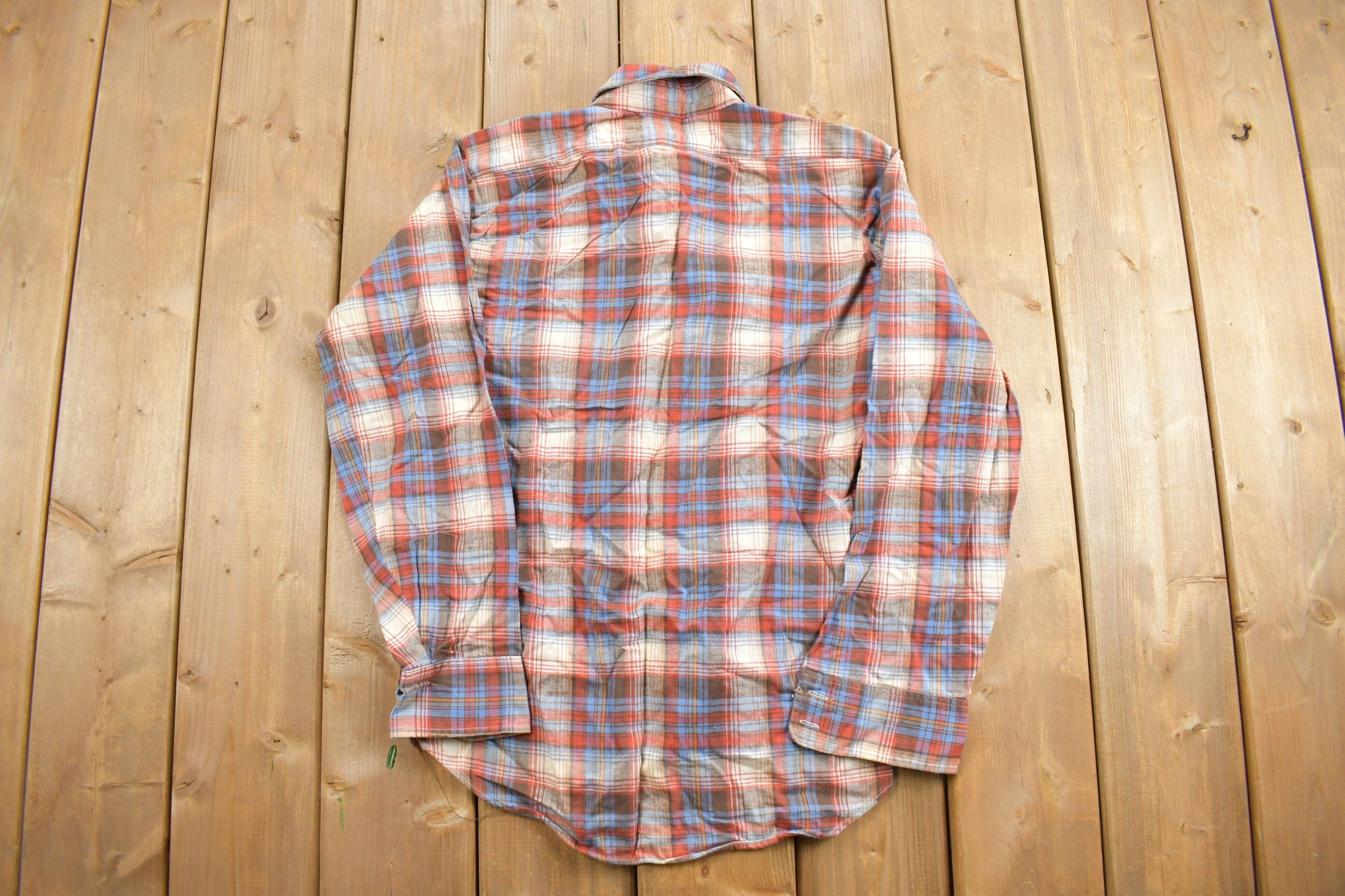 Vintage 1980s JC Penny Plain Pockets Plaid Button Up Shirt Men's Medium - Image 5