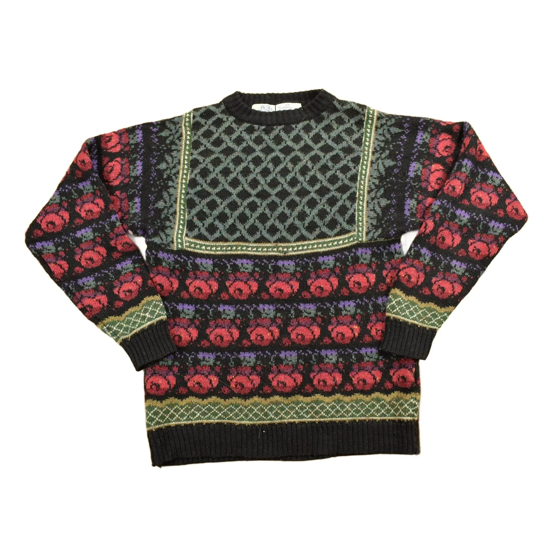 Vintage 1980s Knitted Floral Mi Ki Knit Sweater Men's Small