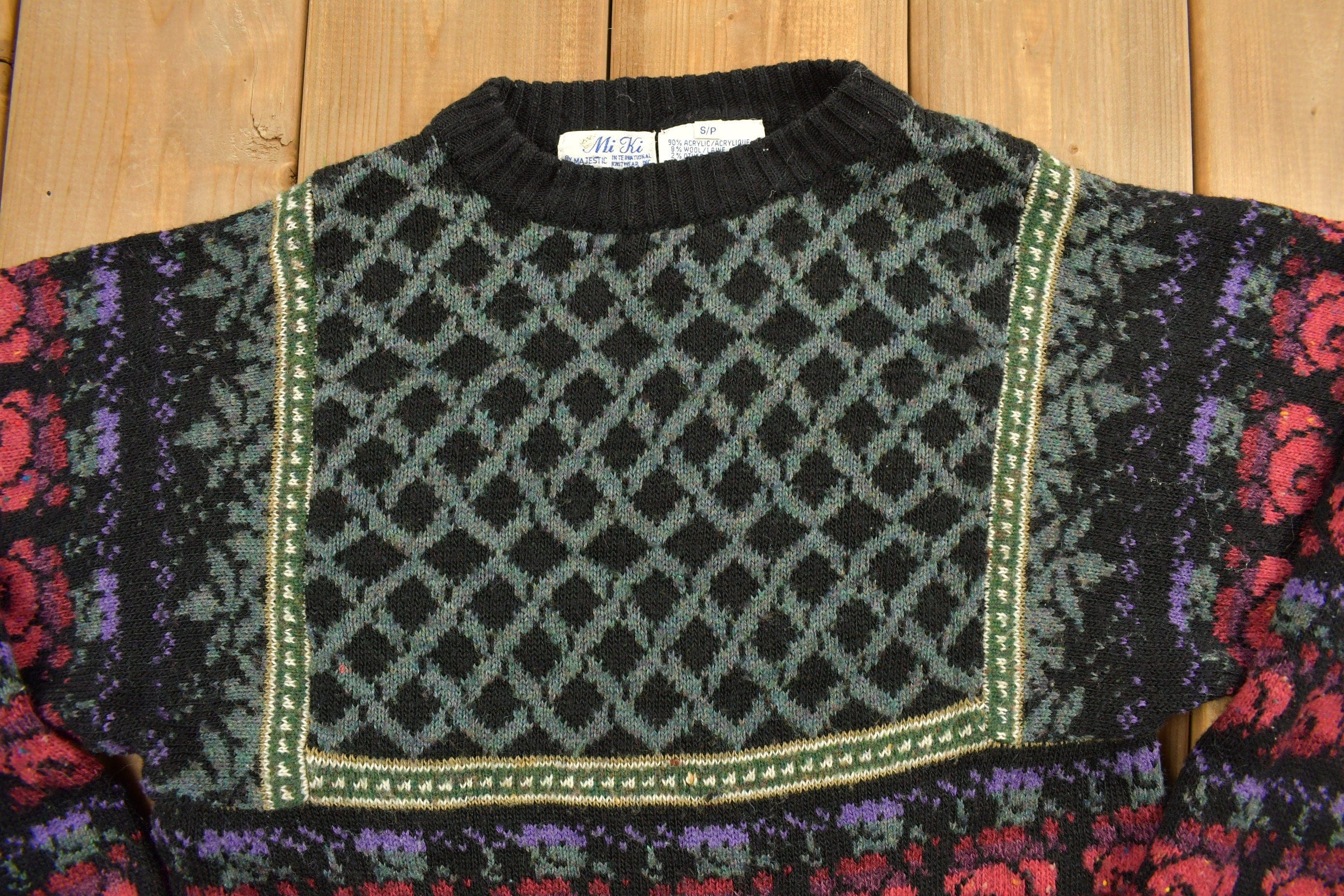 Vintage 1980s Knitted Floral Mi Ki Knit Sweater Men's Small - Image 4