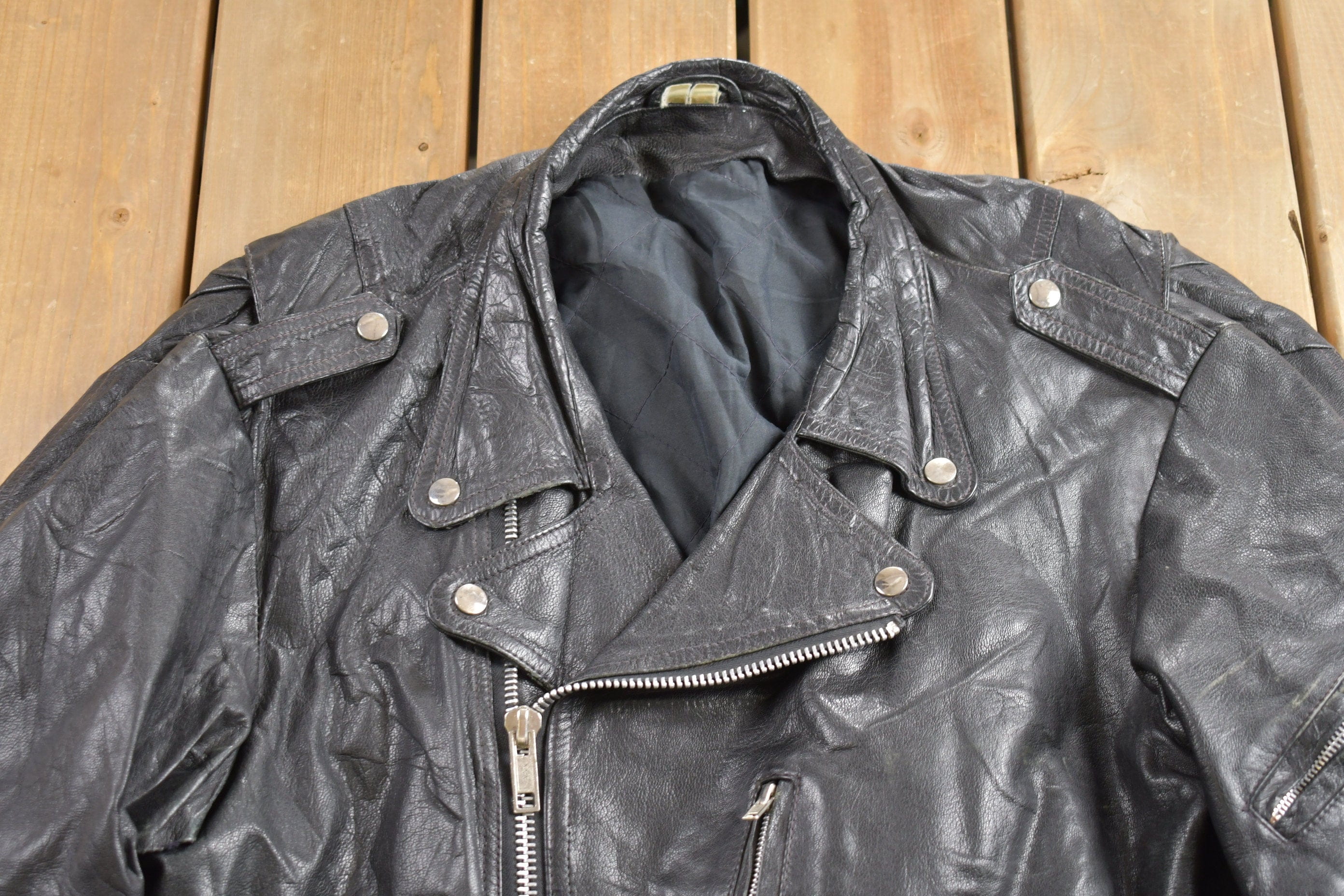 Vintage 1980s Leather Biker Jacket Men's Medium - Image 3