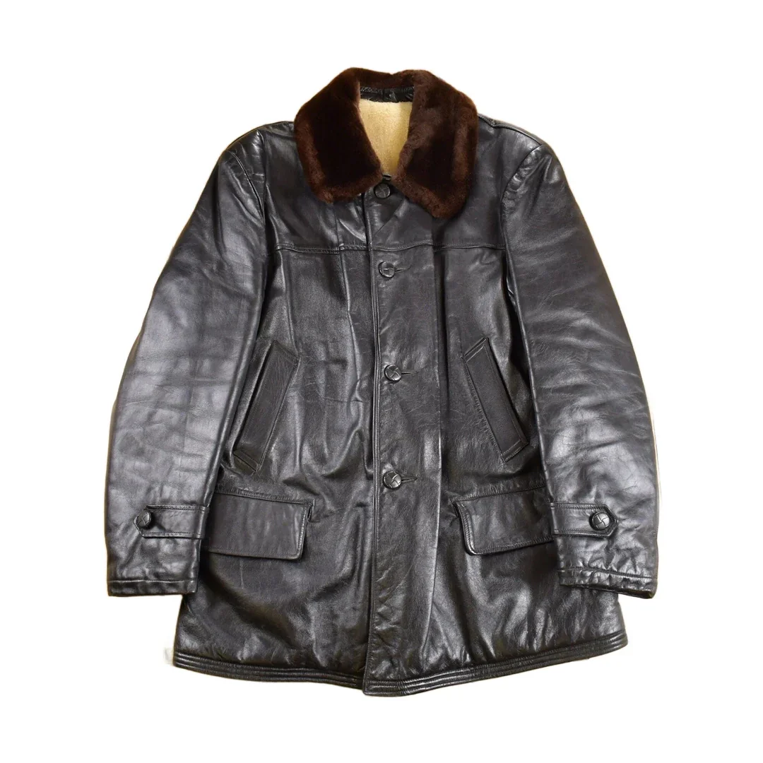 Vintage 1980s Leather Sheep Skin Shearling Coat Men's Medium