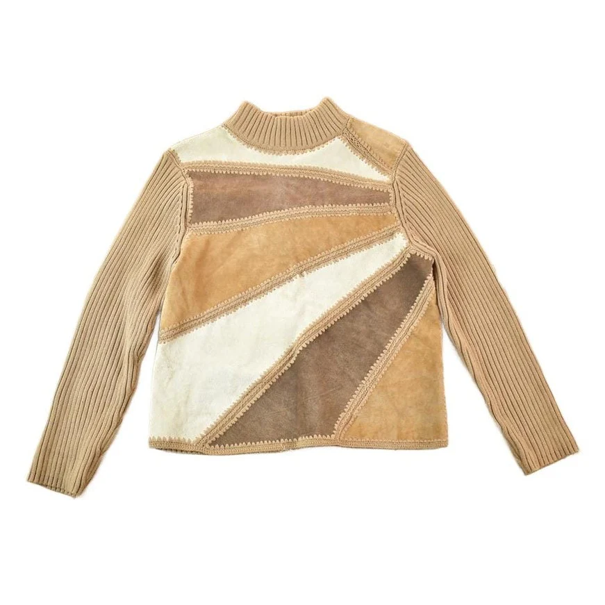 Vintage 1980s Lisa International Knit Abstract Pattern Suede Patch Crewneck Sweater Mens S