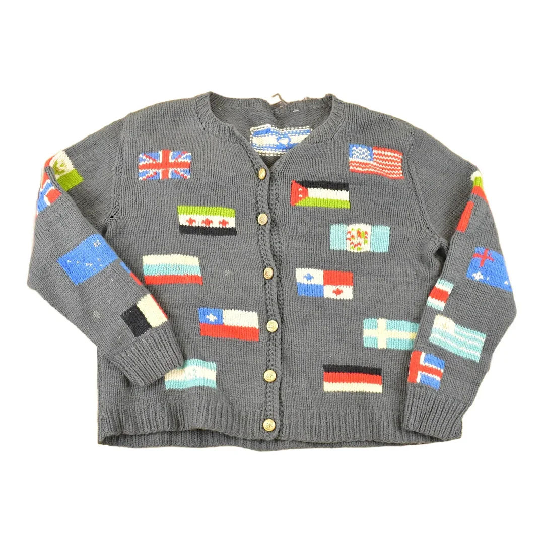 Vintage 1980s Multi Flag Abstract Knit Cardigan Sweater Men's M
