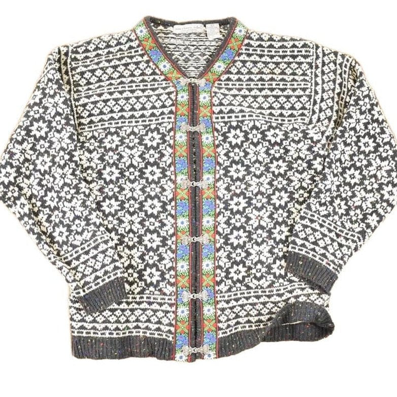 Vintage 1980s Northern Isles Metal Clasp Abstract Knit Cardigan Sweater Women's S