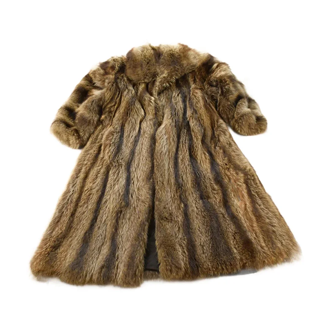 Vintage 1980s Ricky & Ingo Full Length Brown Raccoon Fur Coat Adult M Men's Medium