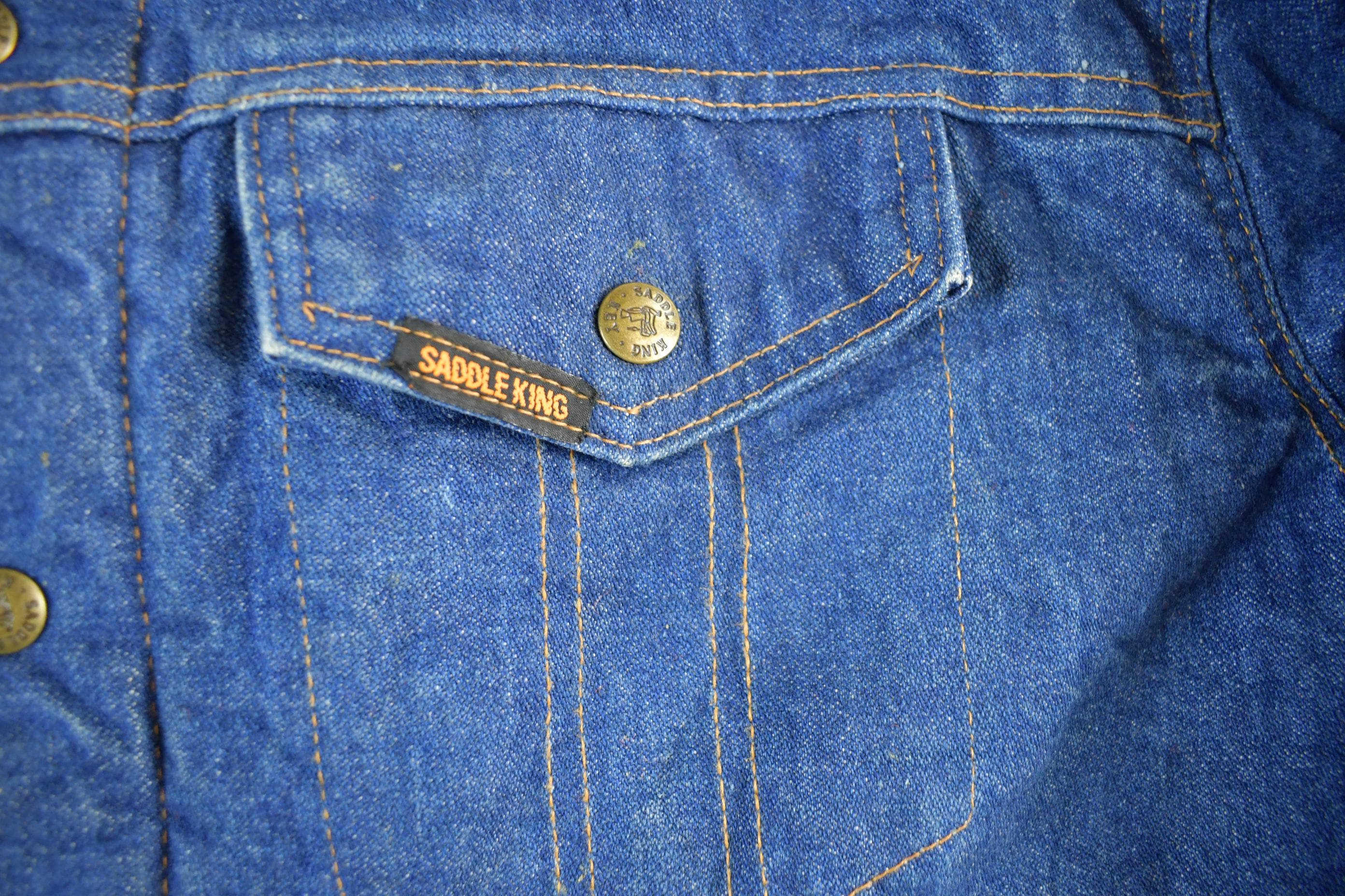 Vintage 1980s Saddle King Western Sherpa Lined Denim Jean Jacket Men's XL - Image 4
