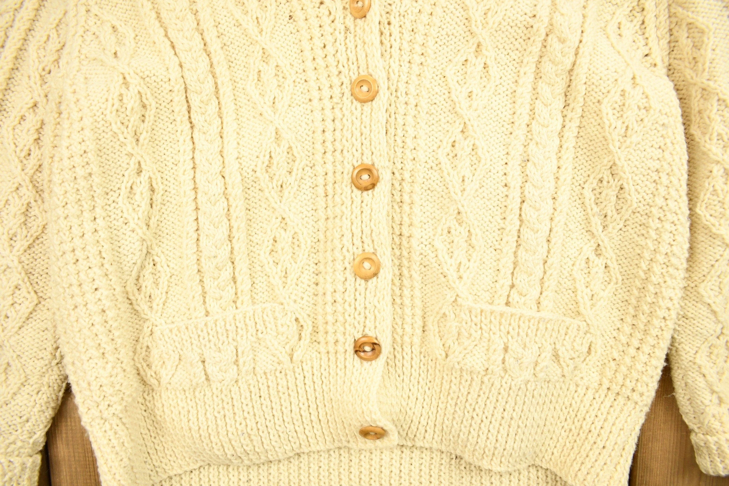 Vintage 1980s Scottish Craft Made 3D Cable Knit Button Up Sweater Men's Large - Image 3