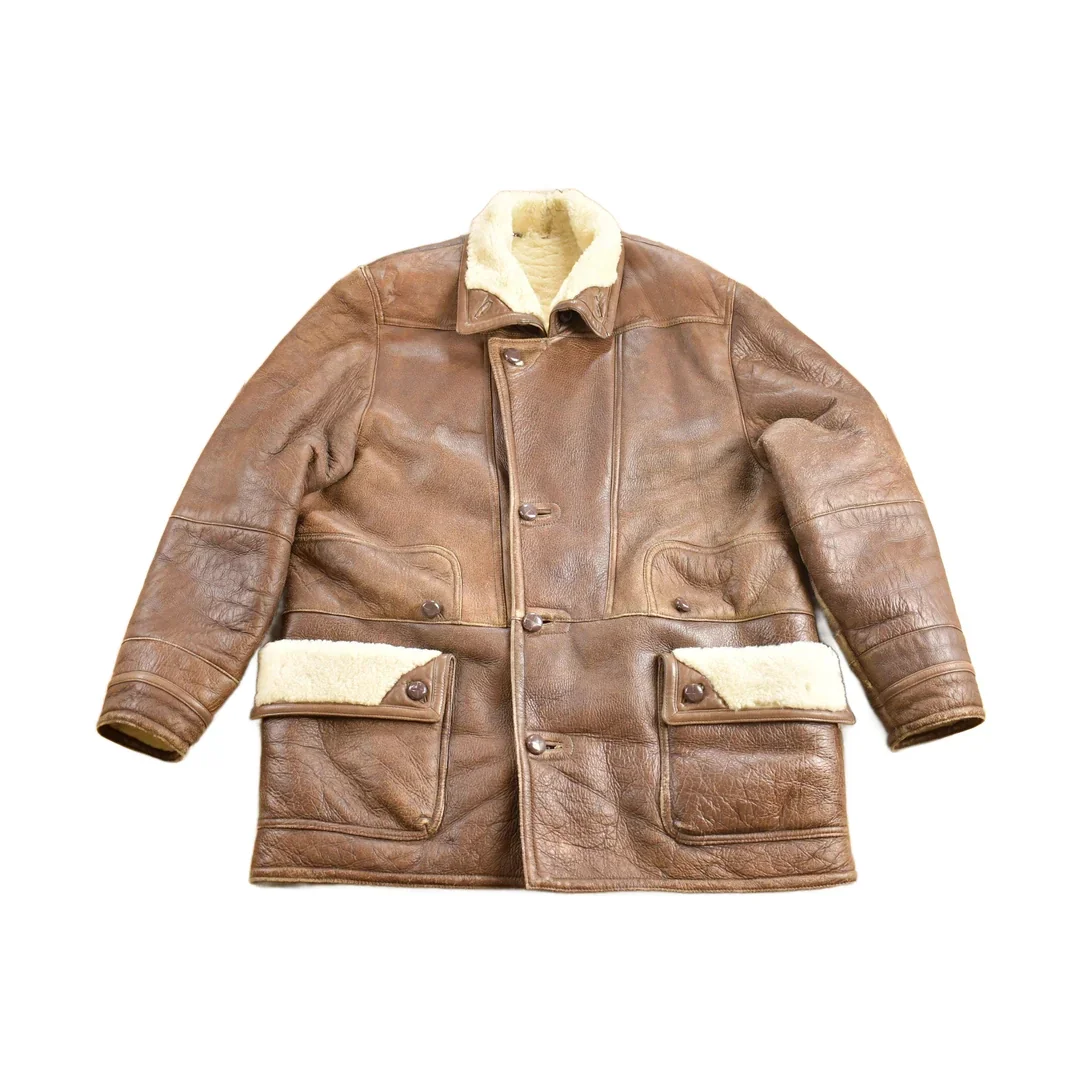 Vintage 1980s Shearling Leather Coat Size 52