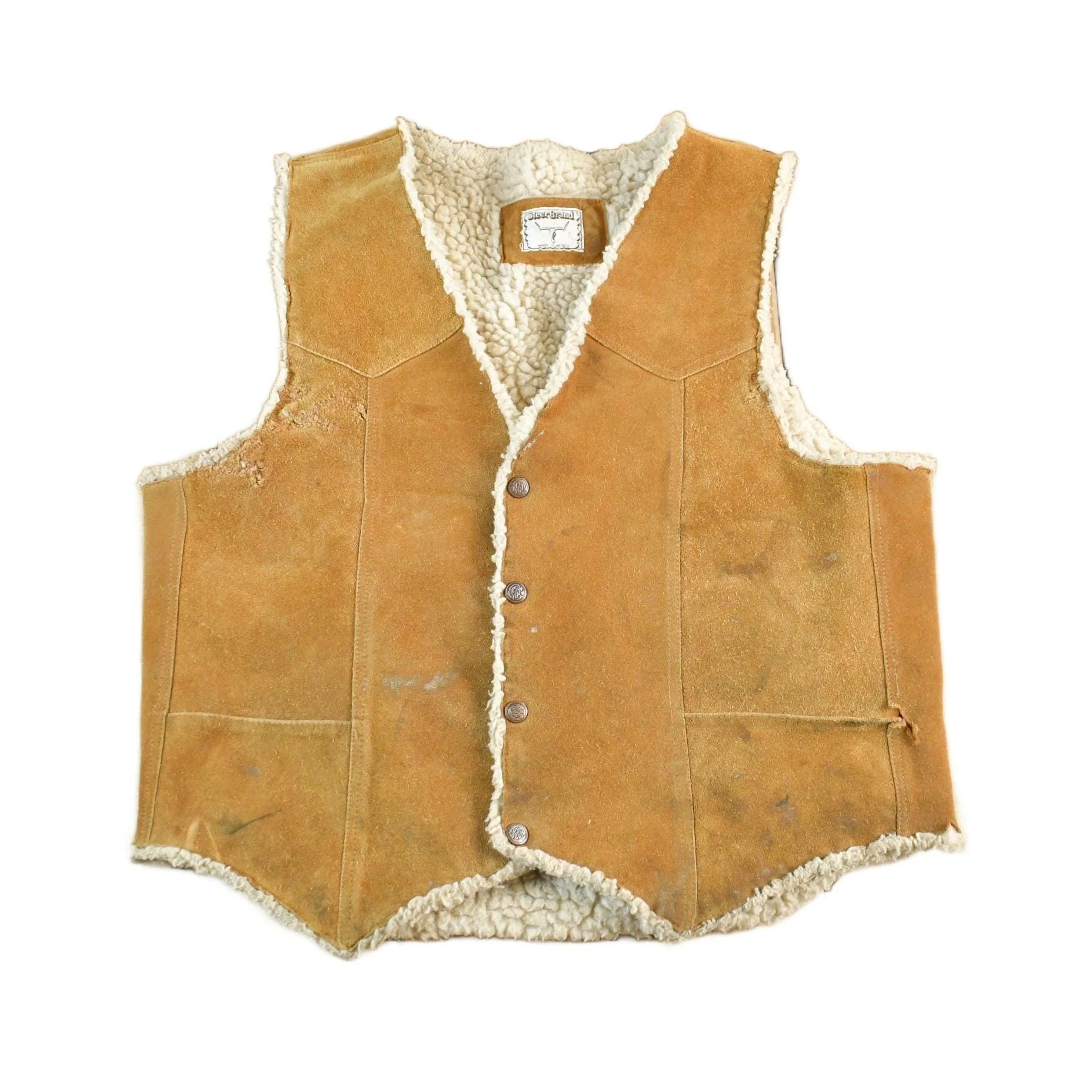 Vintage 1980s Steer Brand Western Leather Sherpa Lined Vest Jacket Men's Large