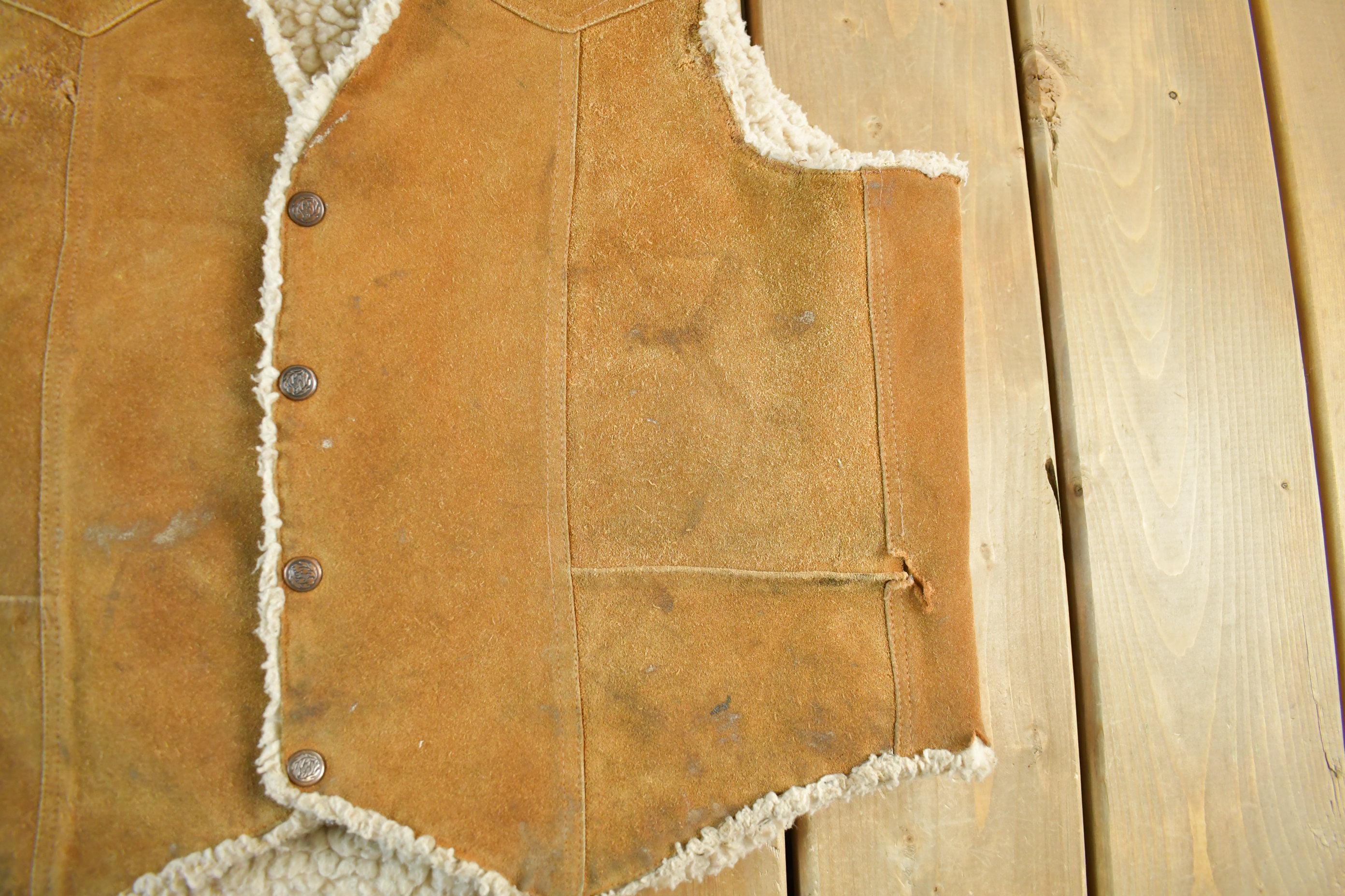 Vintage 1980s Steer Brand Western Leather Sherpa Lined Vest Jacket Men's Large - Image 3
