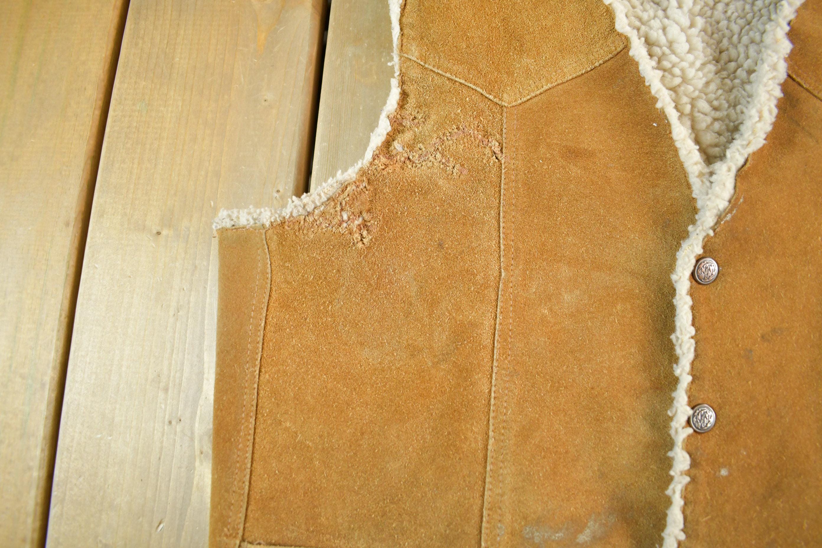 Vintage 1980s Steer Brand Western Leather Sherpa Lined Vest Jacket Men's Large - Image 4