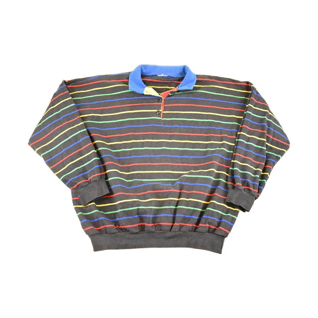 Vintage 1980s Striped Quarter Button Souvenir Crewneck Sweatshirt Men's XL