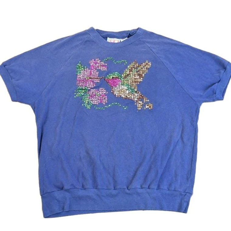 Vintage 1980s Swallow Sequin Short Sleeve Raglan Crewneck Sweatshirt Women's M
