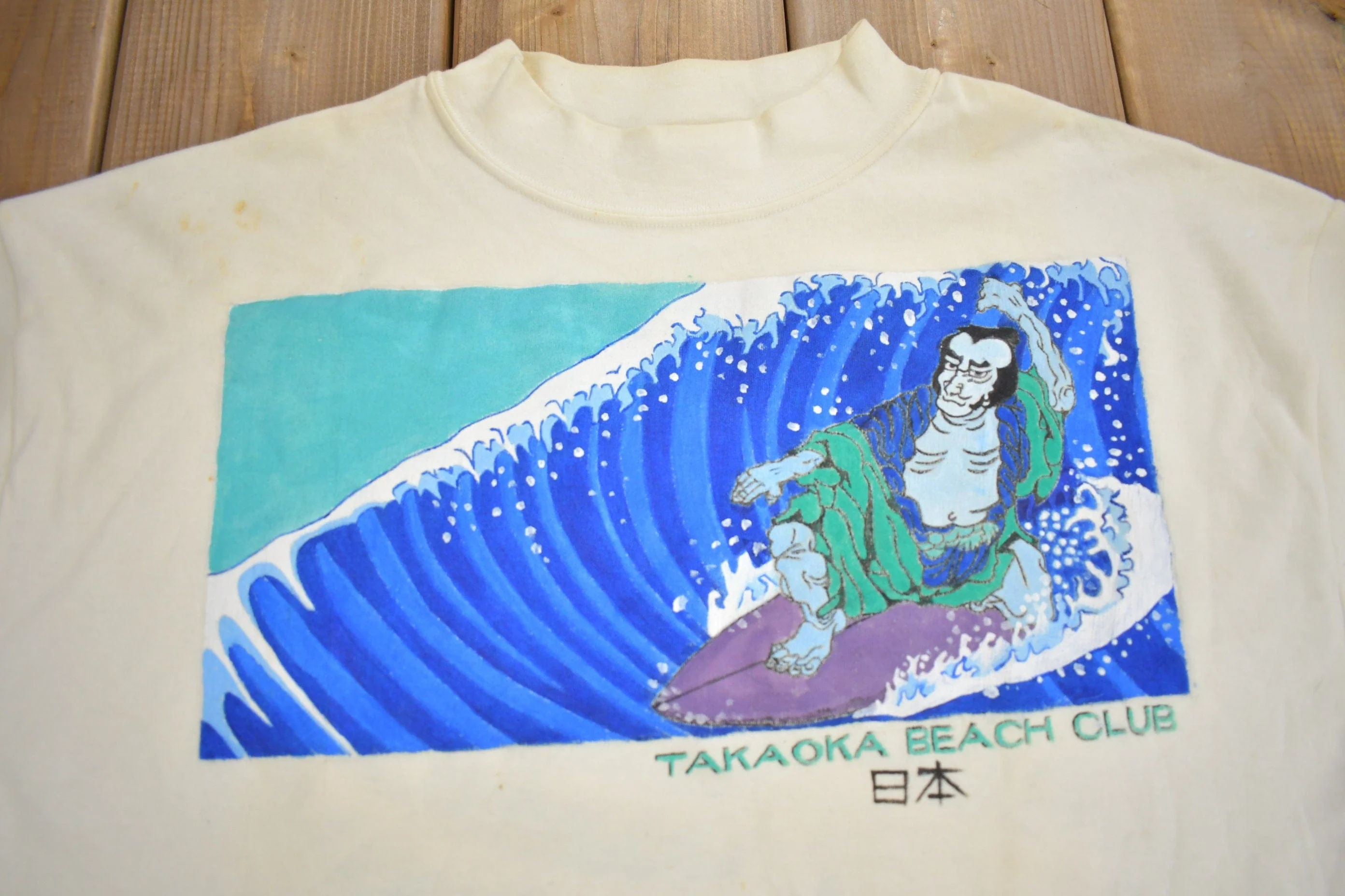 Vintage 1980s Takaoka Beach Club Surfing Graphic Souvenir T Shirt Men's Medium - Image 3