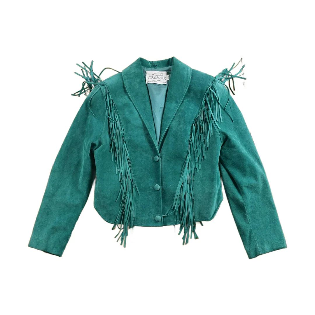 Vintage 1980s Teal Suede Fringe Jacket