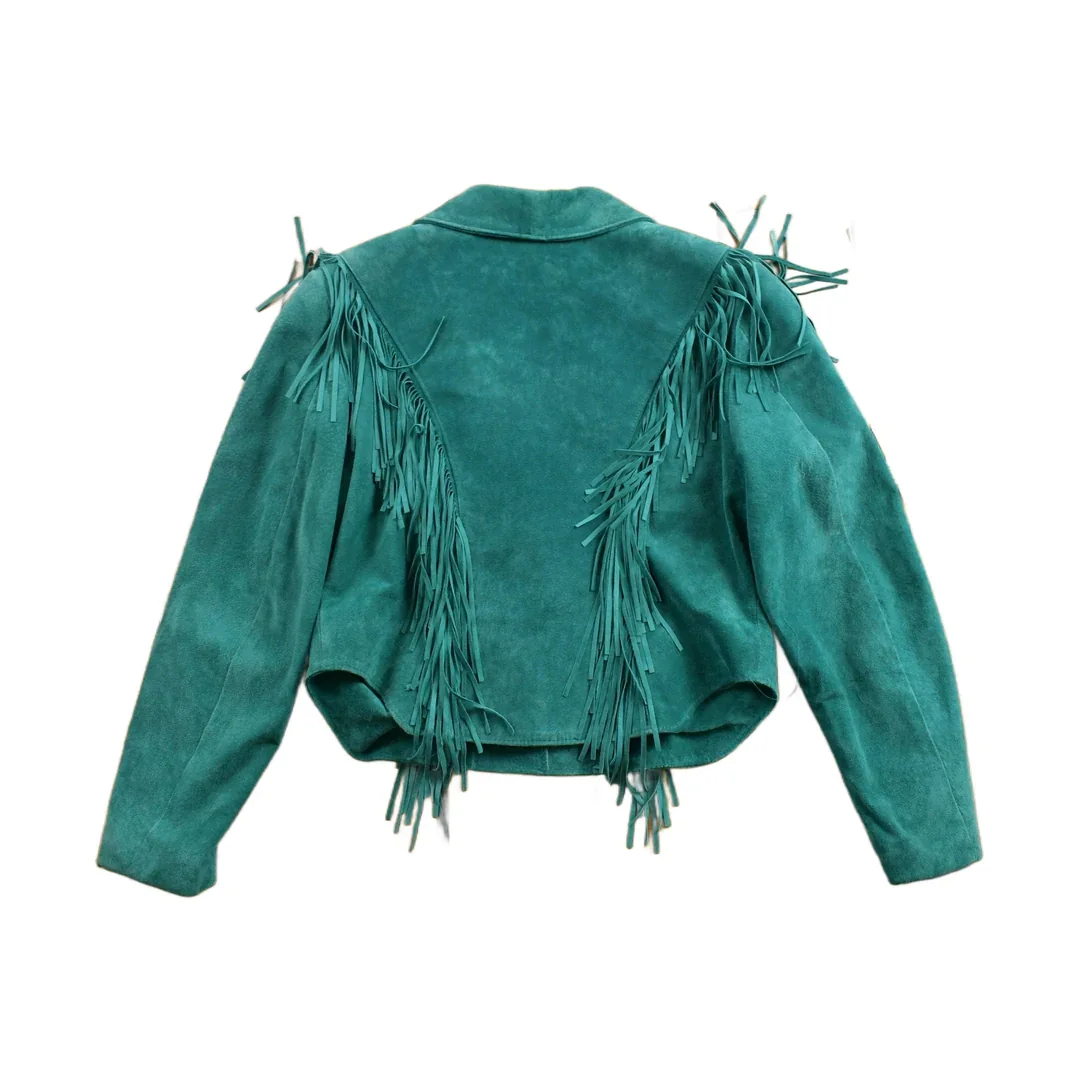 Vintage 1980s Teal Suede Fringe Jacket - Image 2