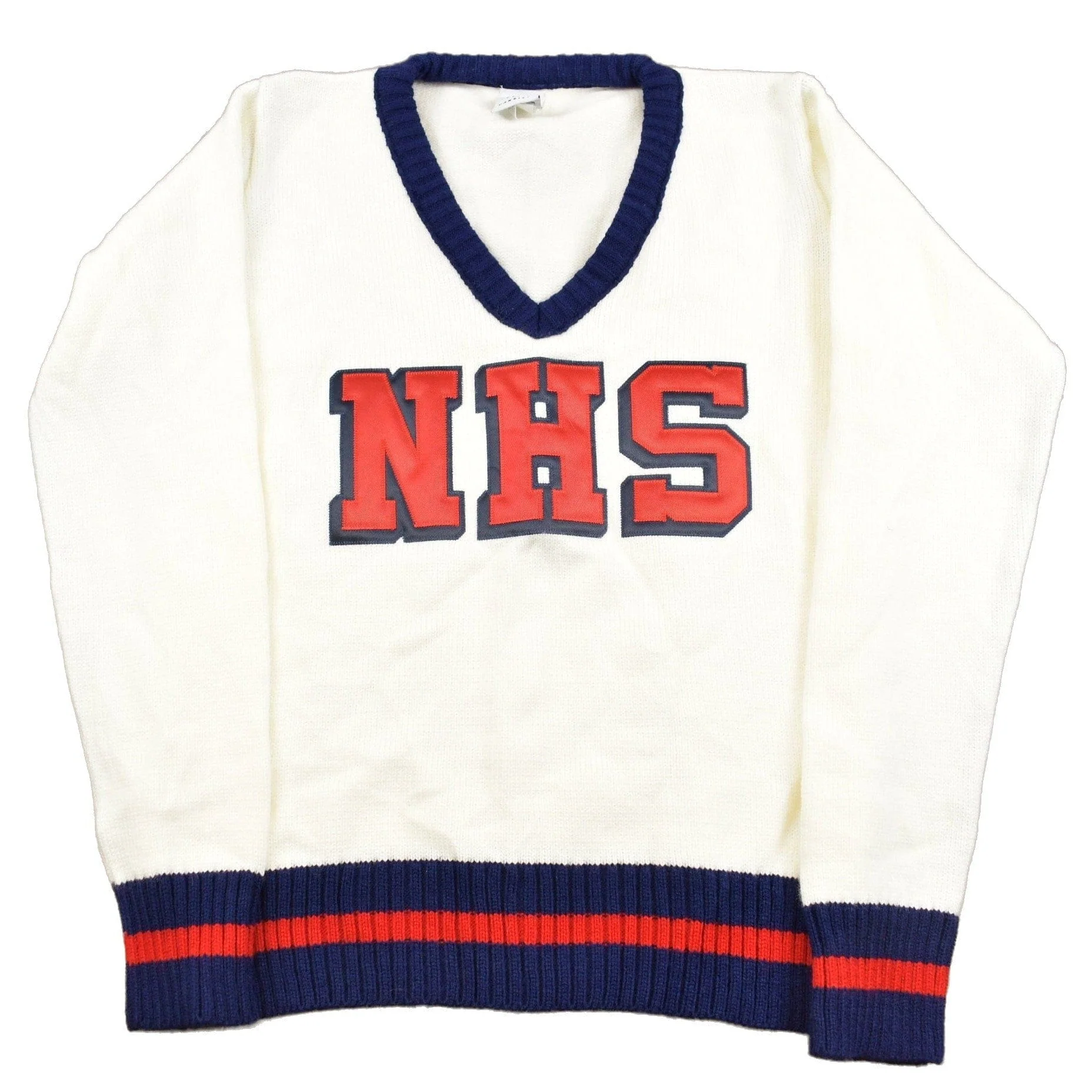 Vintage 1980s Varsity Sweater 'NHS' Knit V-Neck Sweater Men's Small