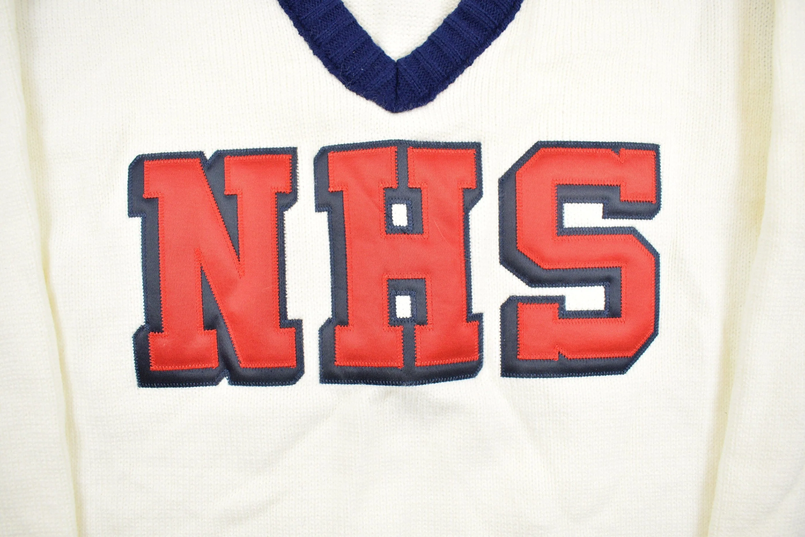 Vintage 1980s Varsity Sweater 'NHS' Knit V-Neck Sweater Men's Small - Image 3