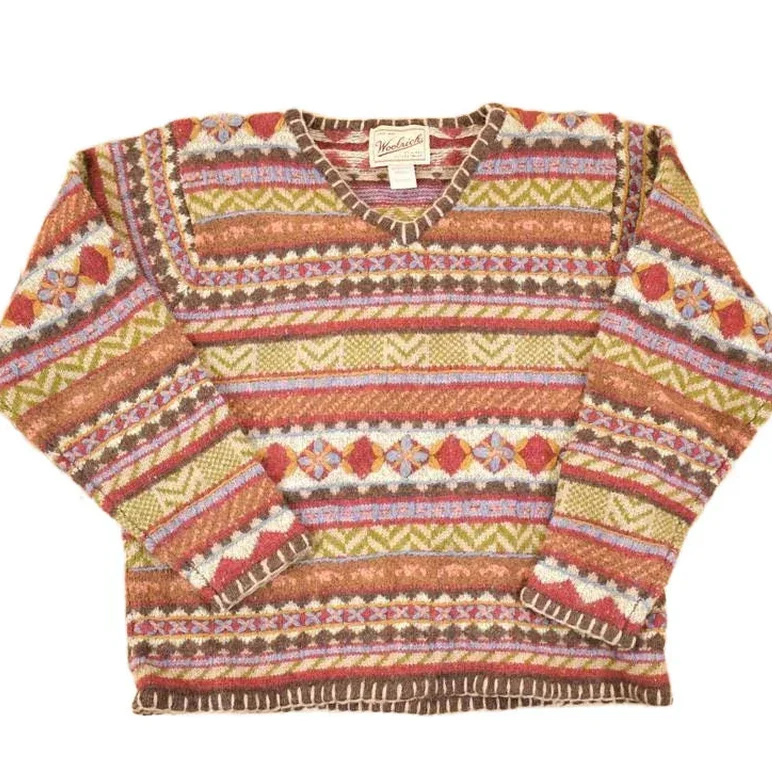 Vintage 1980s Woolrich Abstract Knit V Neck Sweater Women's S