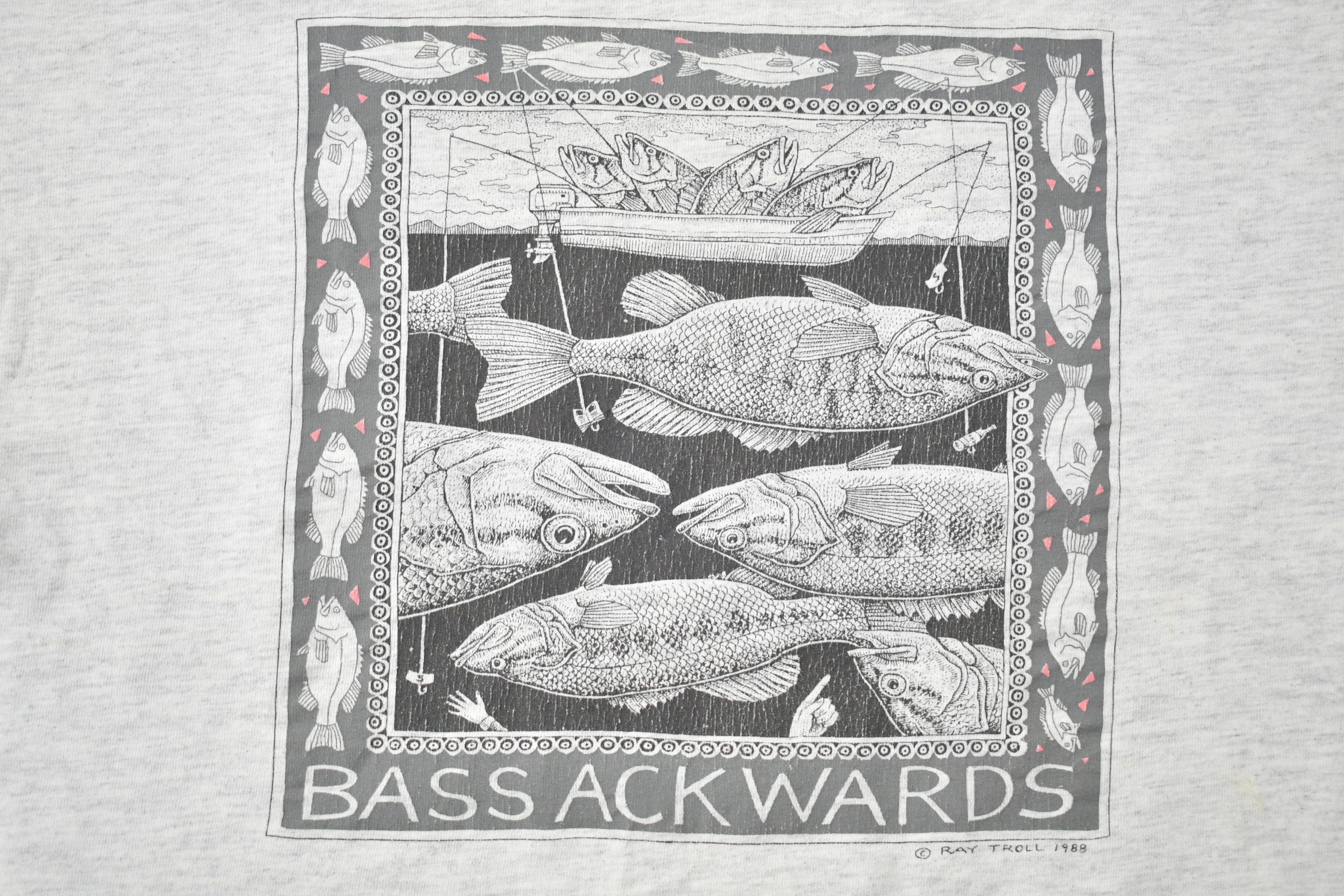 Vintage 1988 Bass Ackwards Fish Ray Troll Graphic T-Shirt Men's Medium - Image 3
