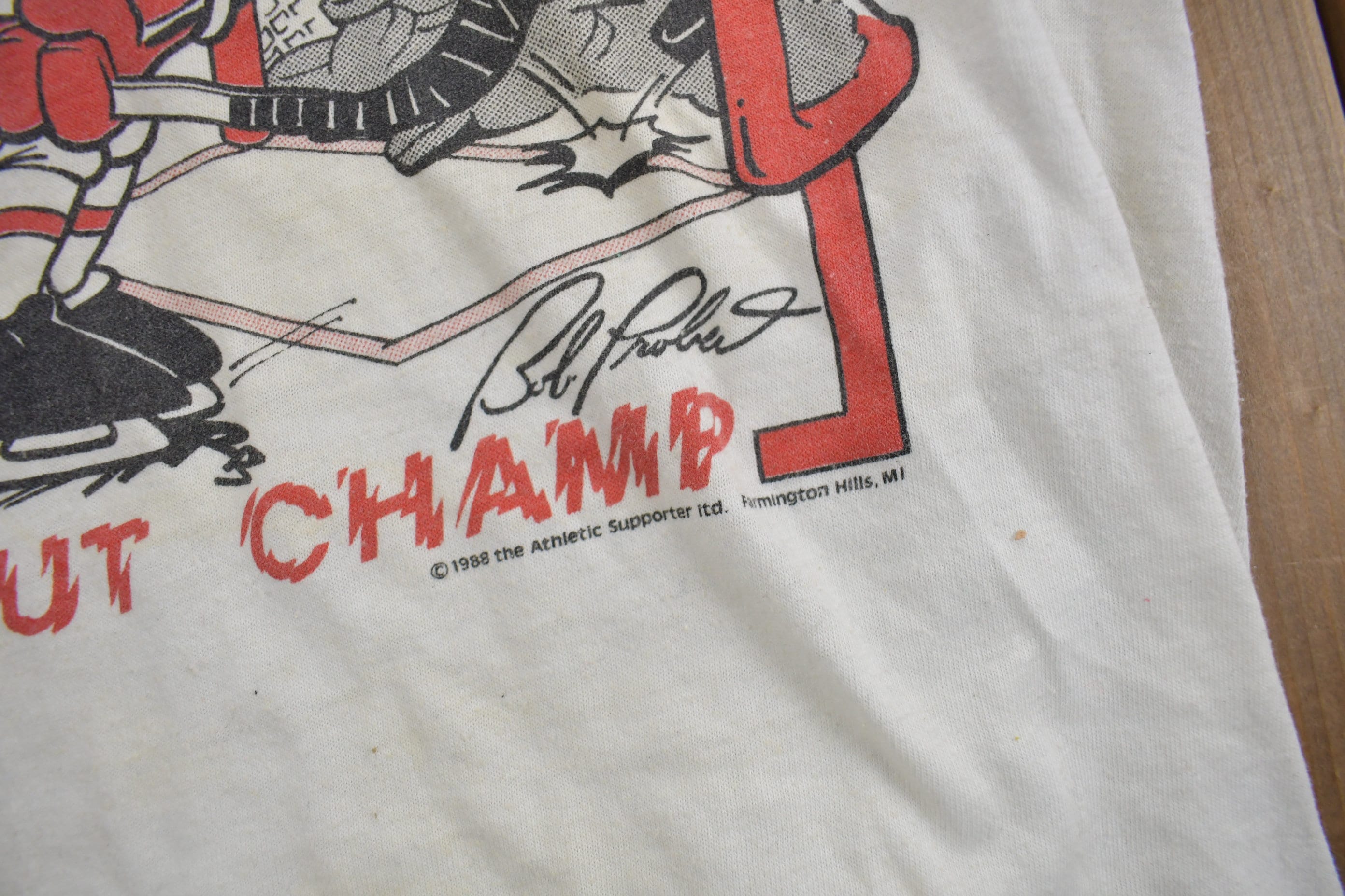 Vintage 1988 Detroit Red Wings Bob Probert Knock Out Champ T-Shirt Men's Small - Image 7