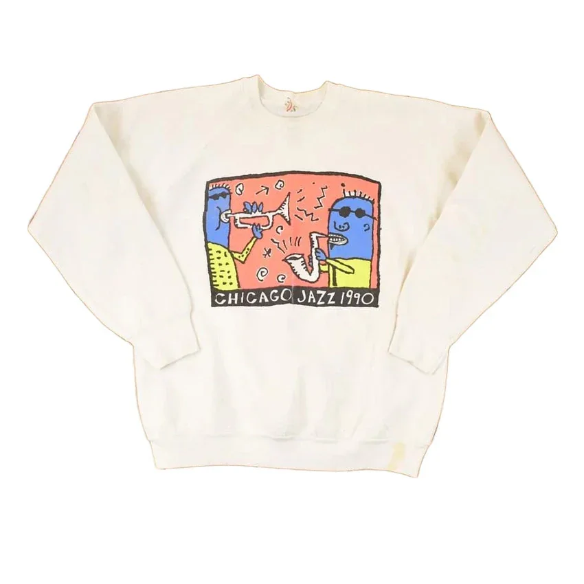 Vintage 1990 Chicago Jazz Music Cartoon Graphic Print Crewneck Sweatshirt Men's L