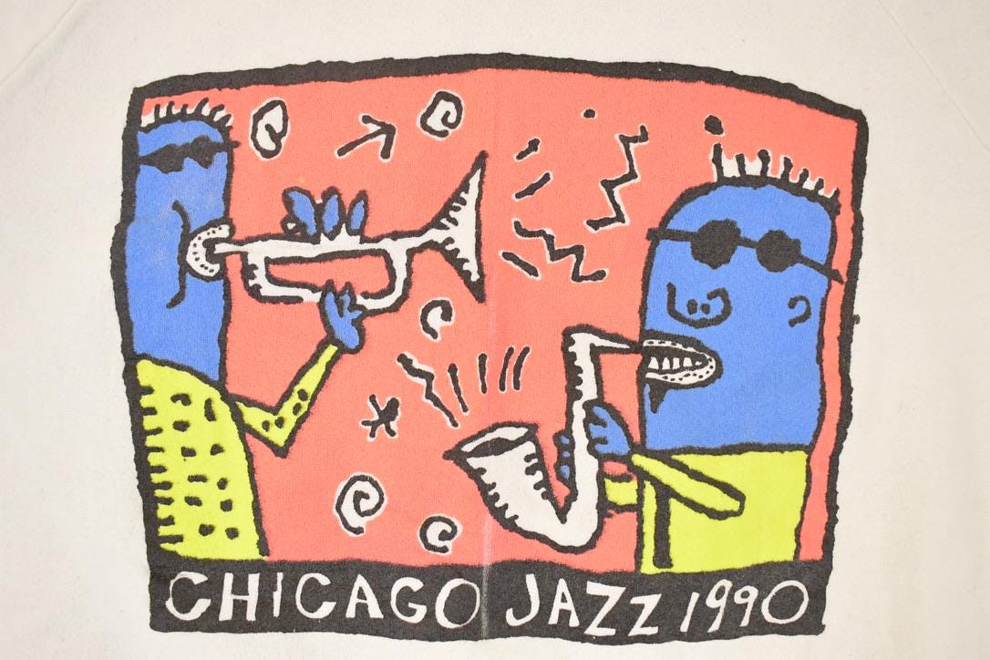 Vintage 1990 Chicago Jazz Music Cartoon Graphic Print Crewneck Sweatshirt Men's L - Image 3