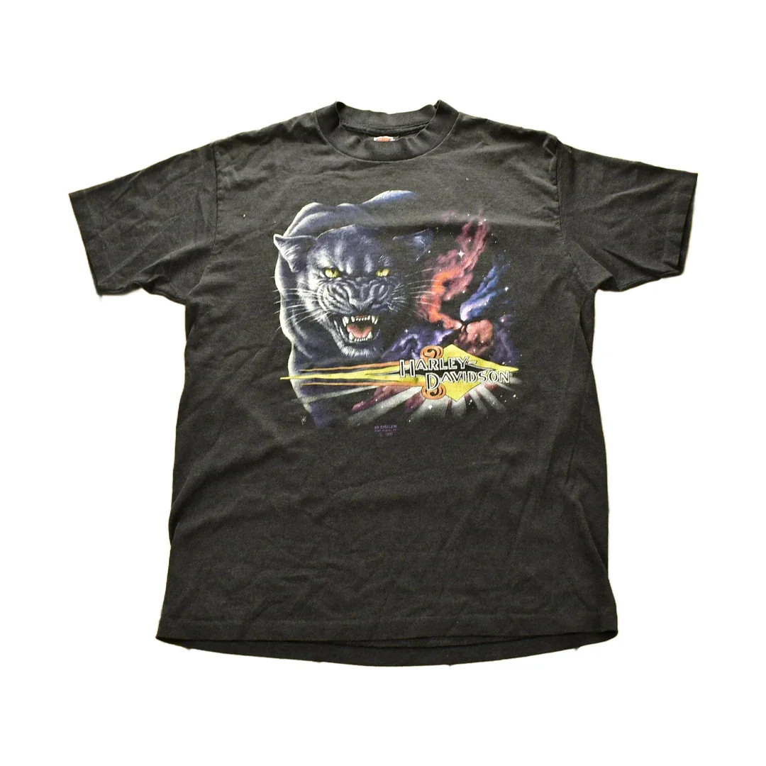 Vintage 1990 Harley Davidson Motorcycles 3D Emblem Black Jaguar Graphic T-Shirt Men's Medium
