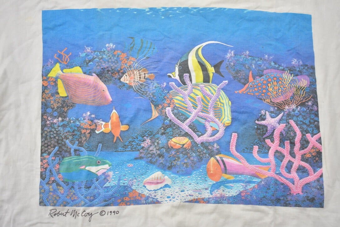 Vintage 1990 Ocean Fishes Theme Bonfire Graphic T-Shirt Single Stitch Men's Large - Image 3
