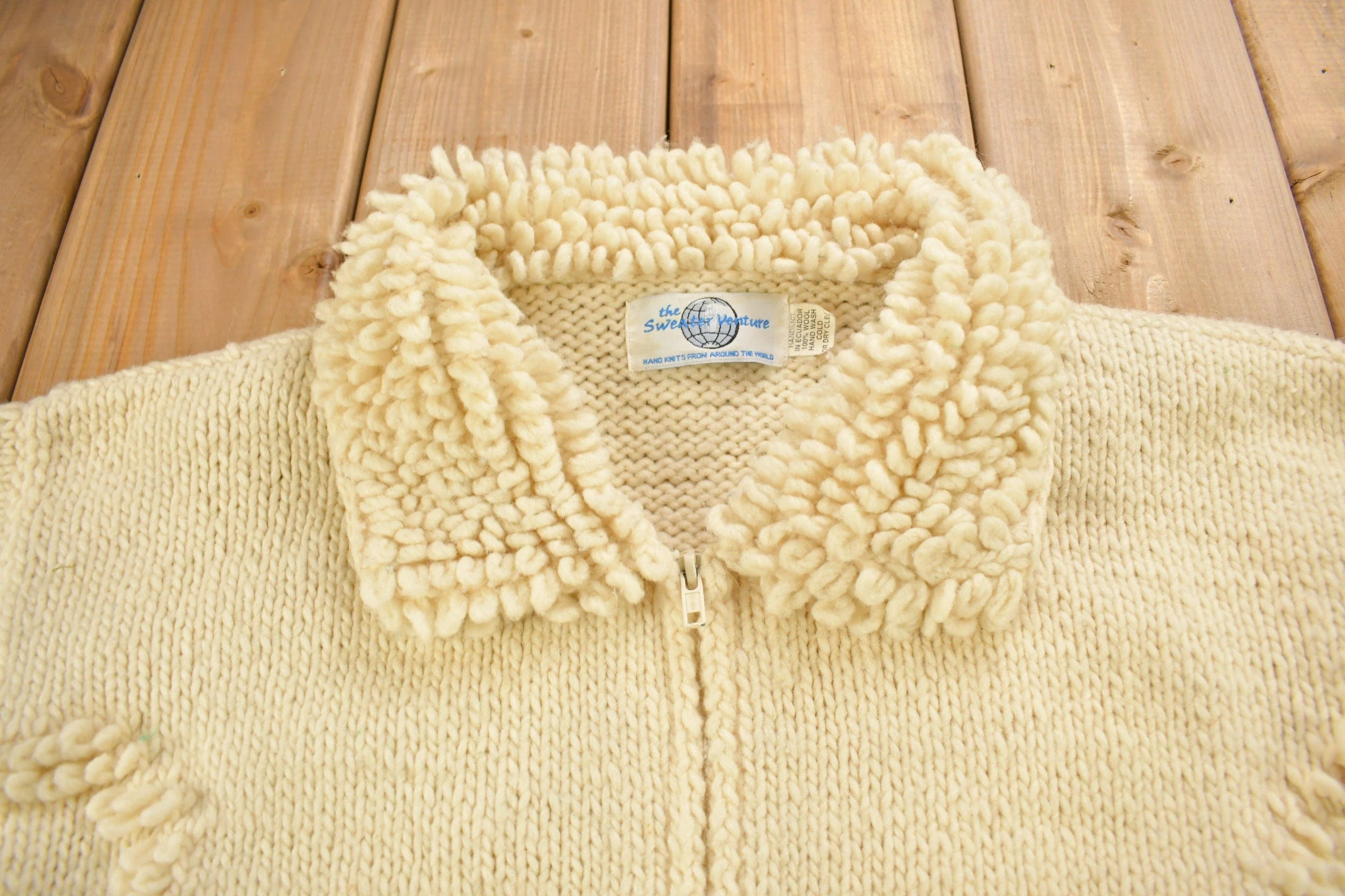 Vintage 1990s 100% Wool Hand Knit Zip Up Sweater Men's Medium - Image 3